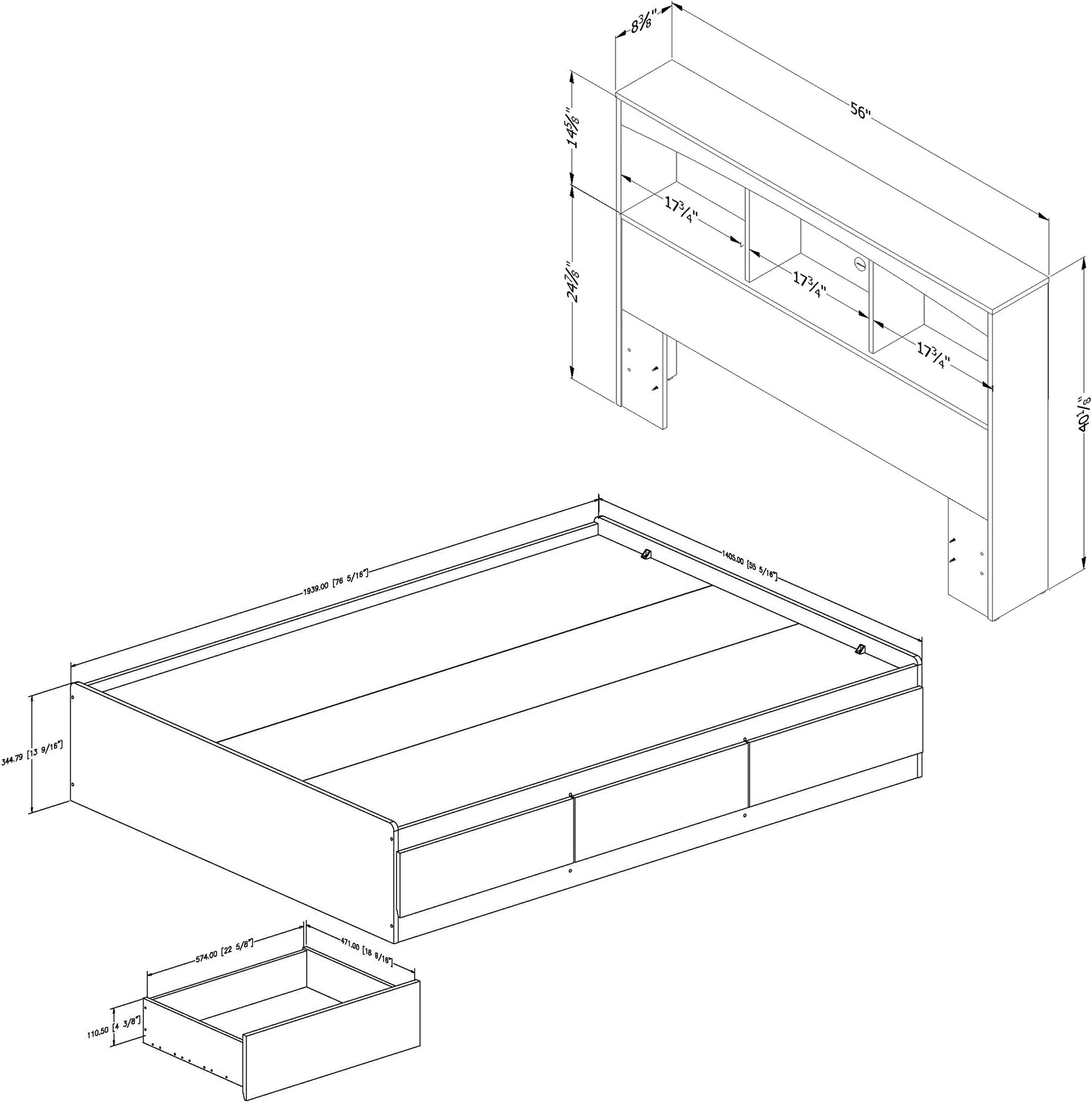 10039 White Mates Full Bed with Bookcase Headboard - South Shore-3
