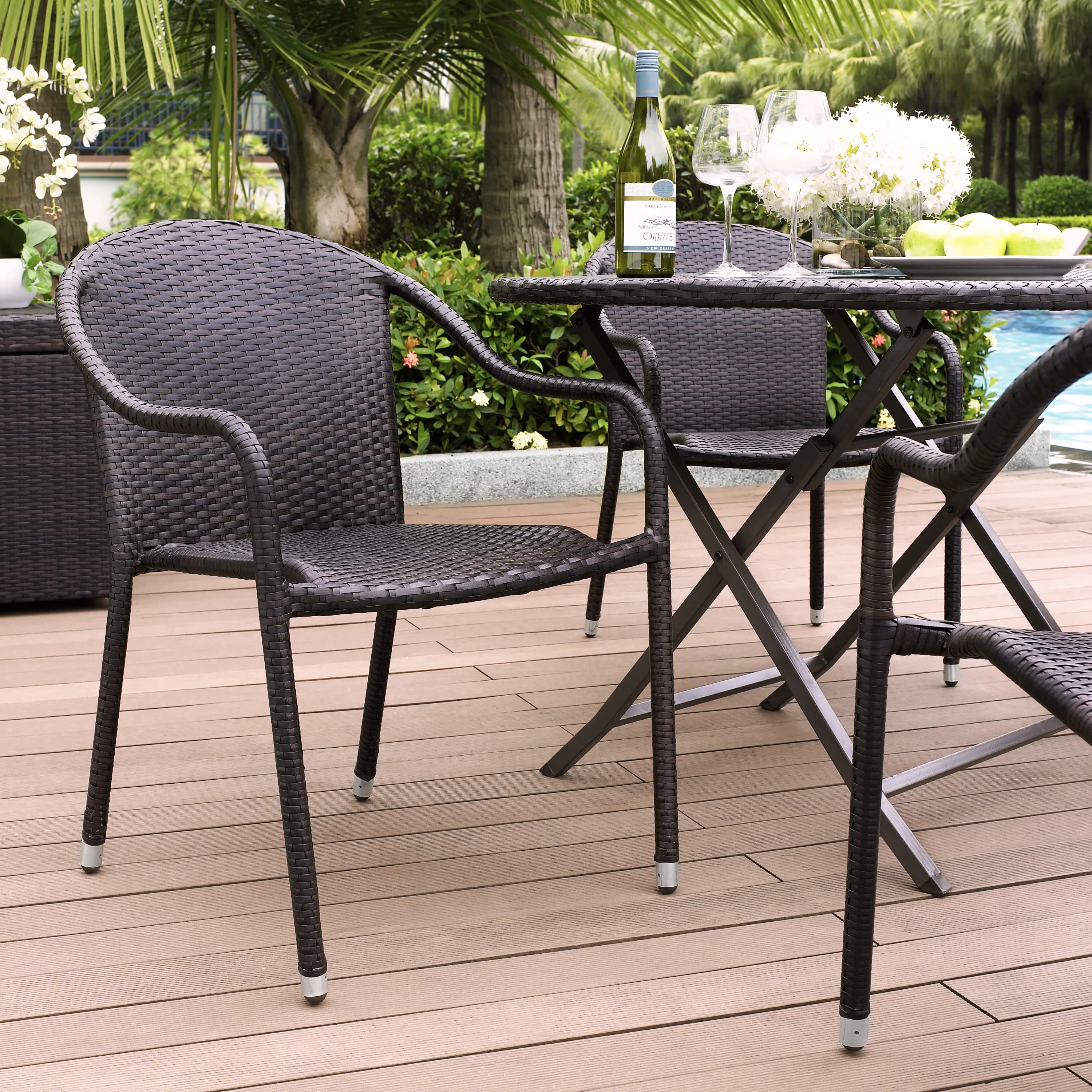 CO7109-BR Palm Harbor Black Stackable Wicker Patio Chairs, Set of 4-2