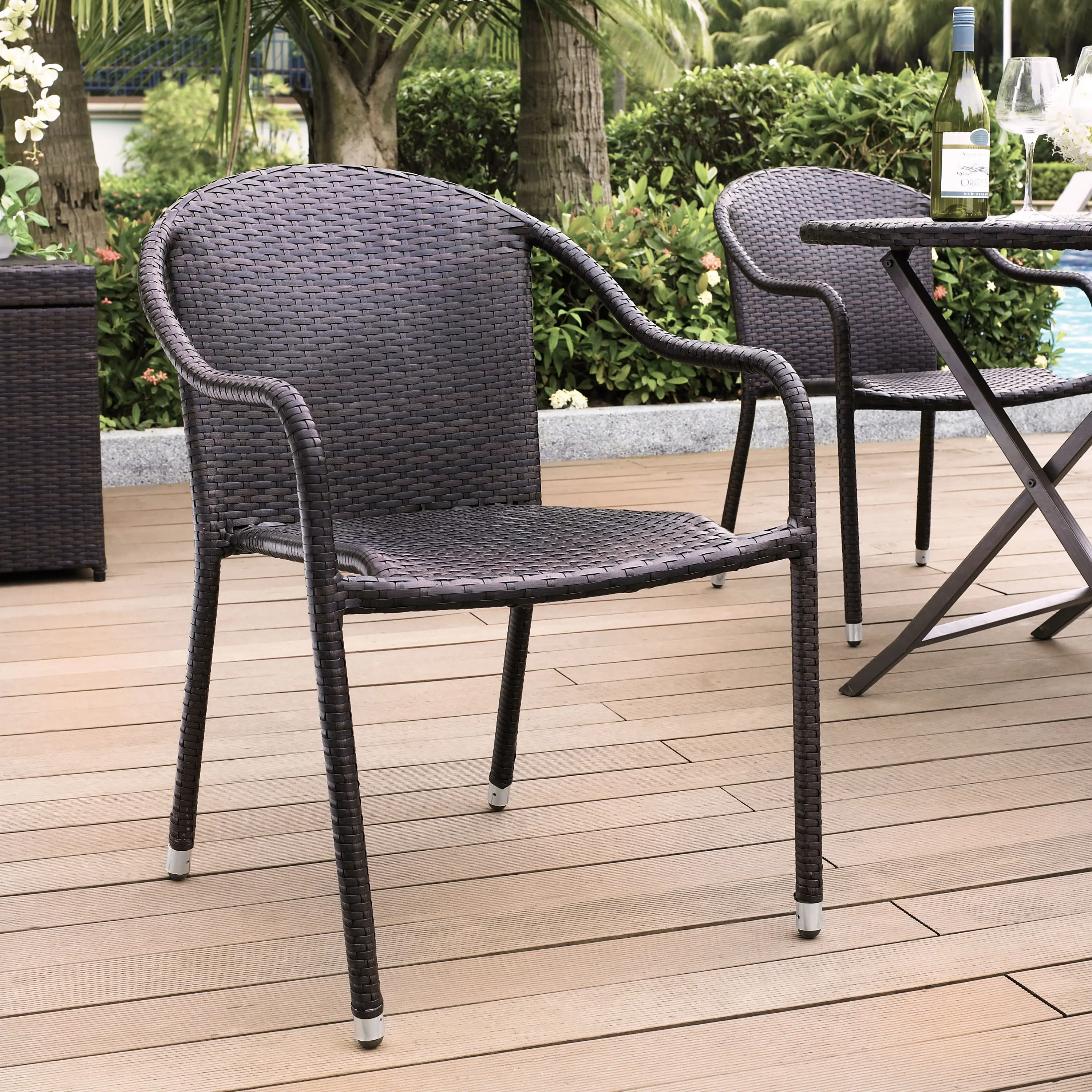 CO7109-BR Palm Harbor Black Stackable Wicker Patio Chairs, Set of 4-3