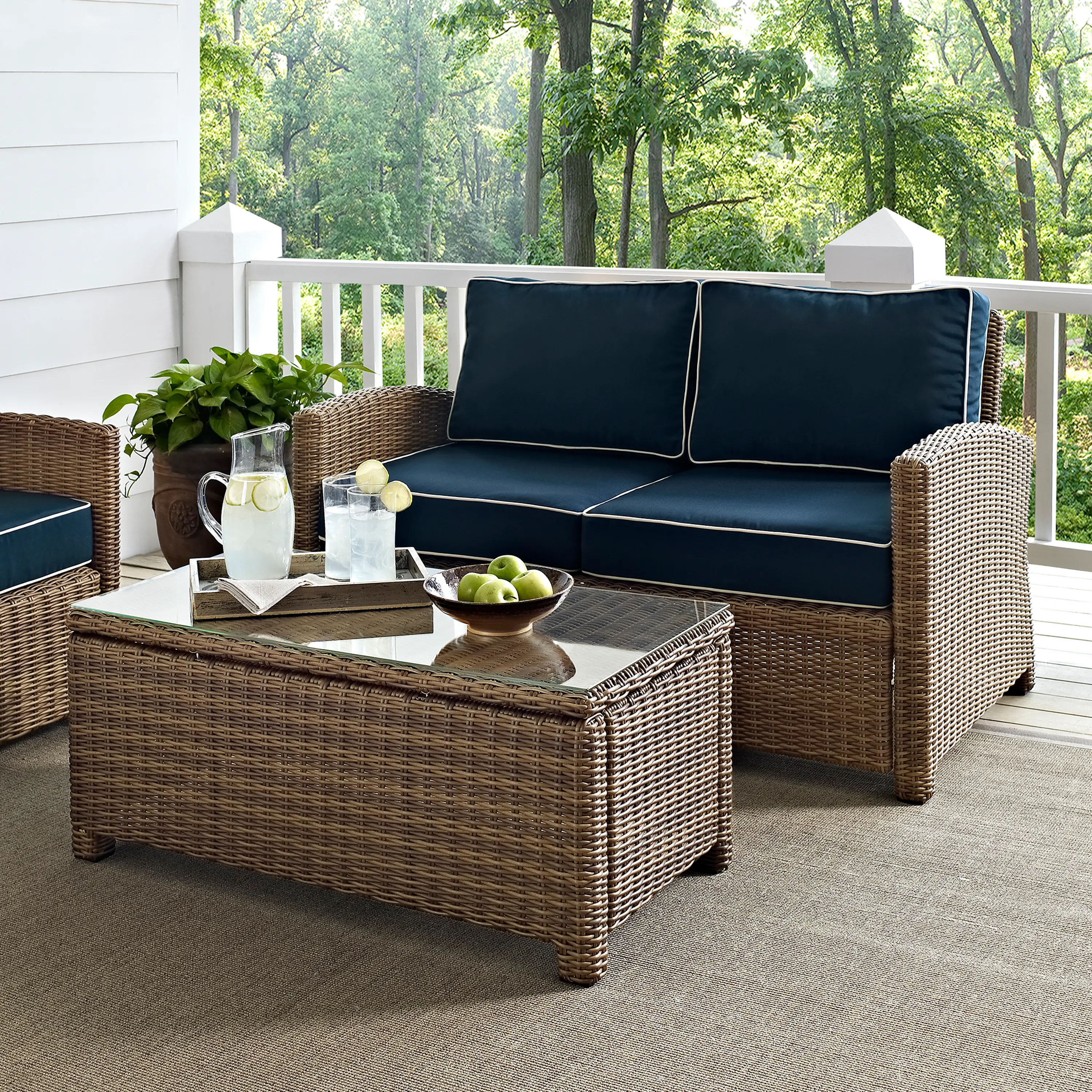 Bradenton Navy and Wicker pc Loveseat and Table Set RC Willey