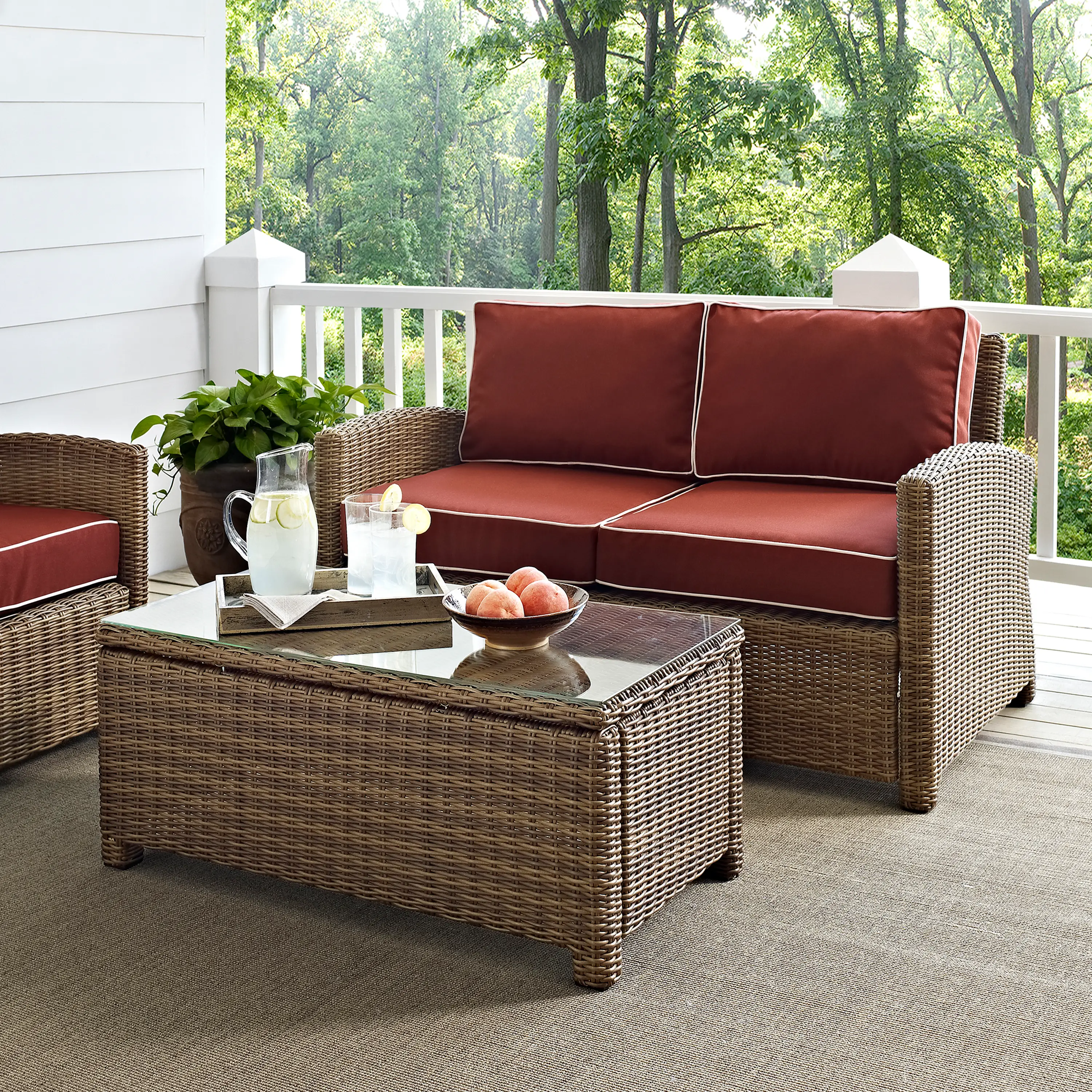KO70025WB-SG Bradenton 2 Piece Red and Wicker Loveseat and Table Set-2