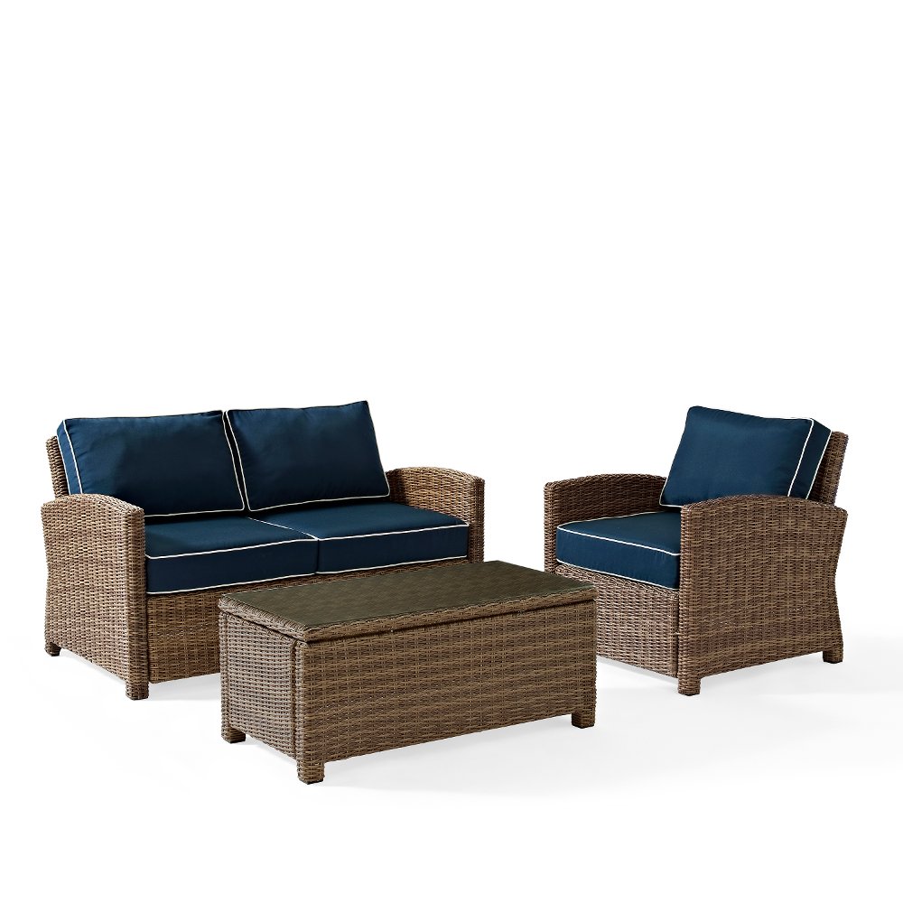 Bradenton 3 Piece Navy and Wicker Outdoor Seating Set  Loveseat Armchair and Table Set