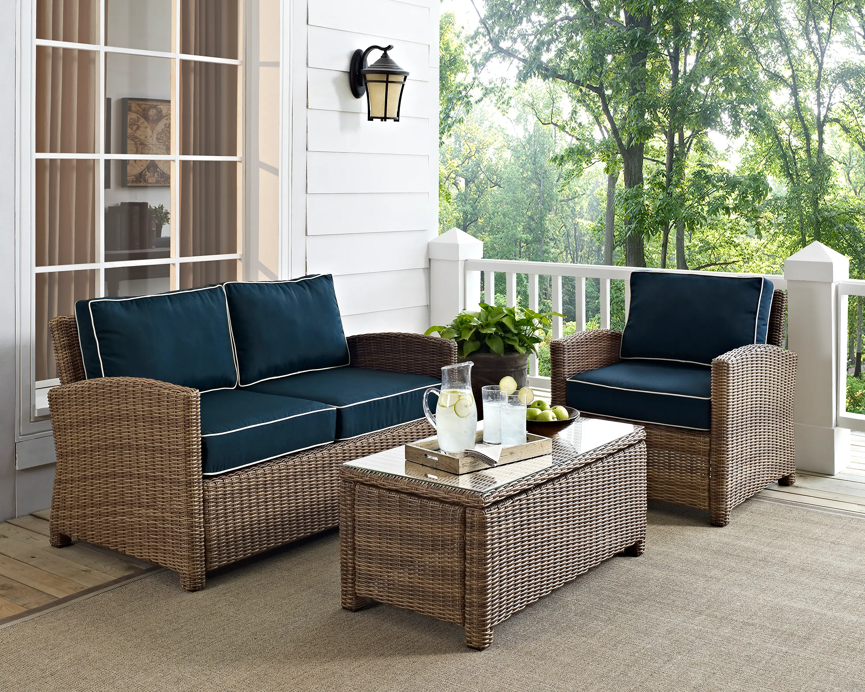 KO70027WB-NV Bradenton 3 Piece Navy and Wicker Outdoor Seating Set  Loveseat, Armchair, and Table Set-2