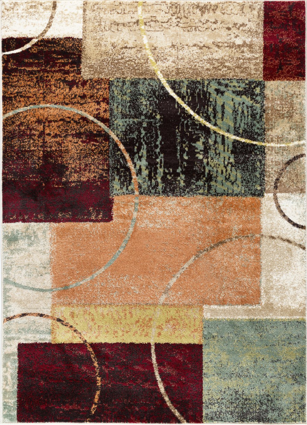 8 x 10 Large Red Brown and Teal Area Rug - Deco