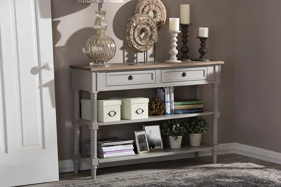 6655-RCW Rustic French Country Sofa Table with Drawers-2