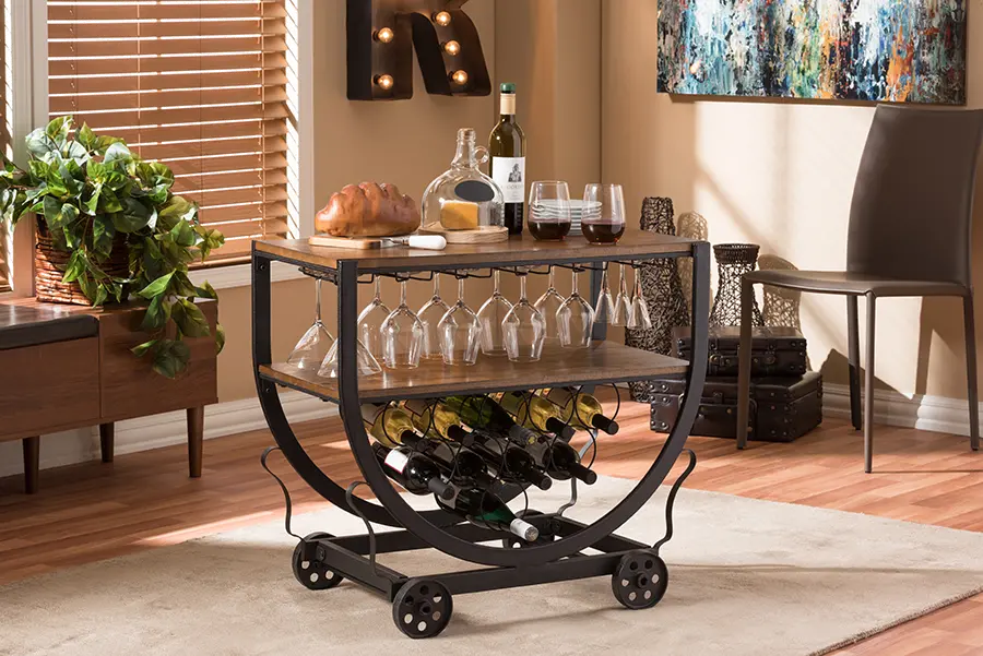 6643-RCW Metal and Wood Wheeled Wine Rack Cart - Triesta-2