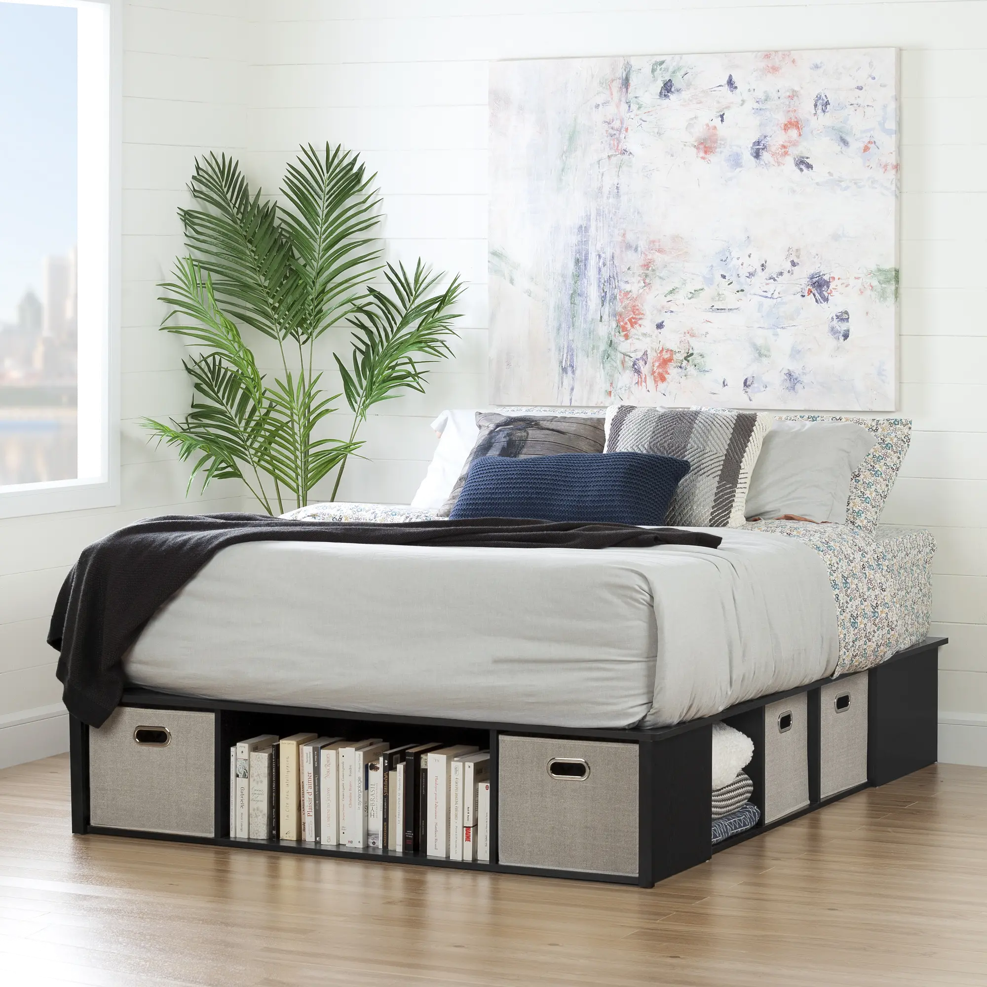 10488 Black Oak Queen Platform Bed with Storage and Baskets - South Shore-2