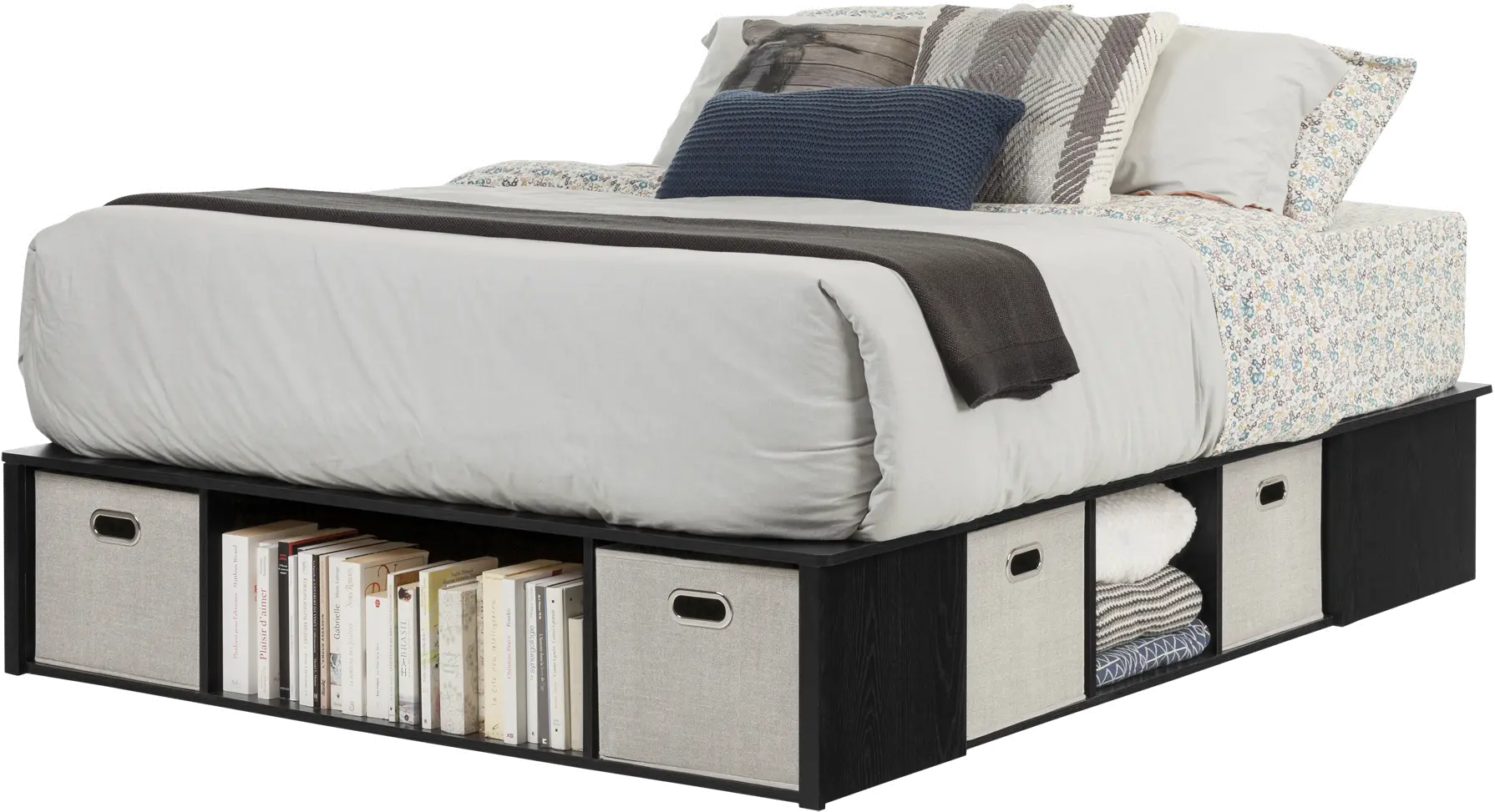 10488 Black Oak Queen Platform Bed with Storage and Baskets - South Shore-1