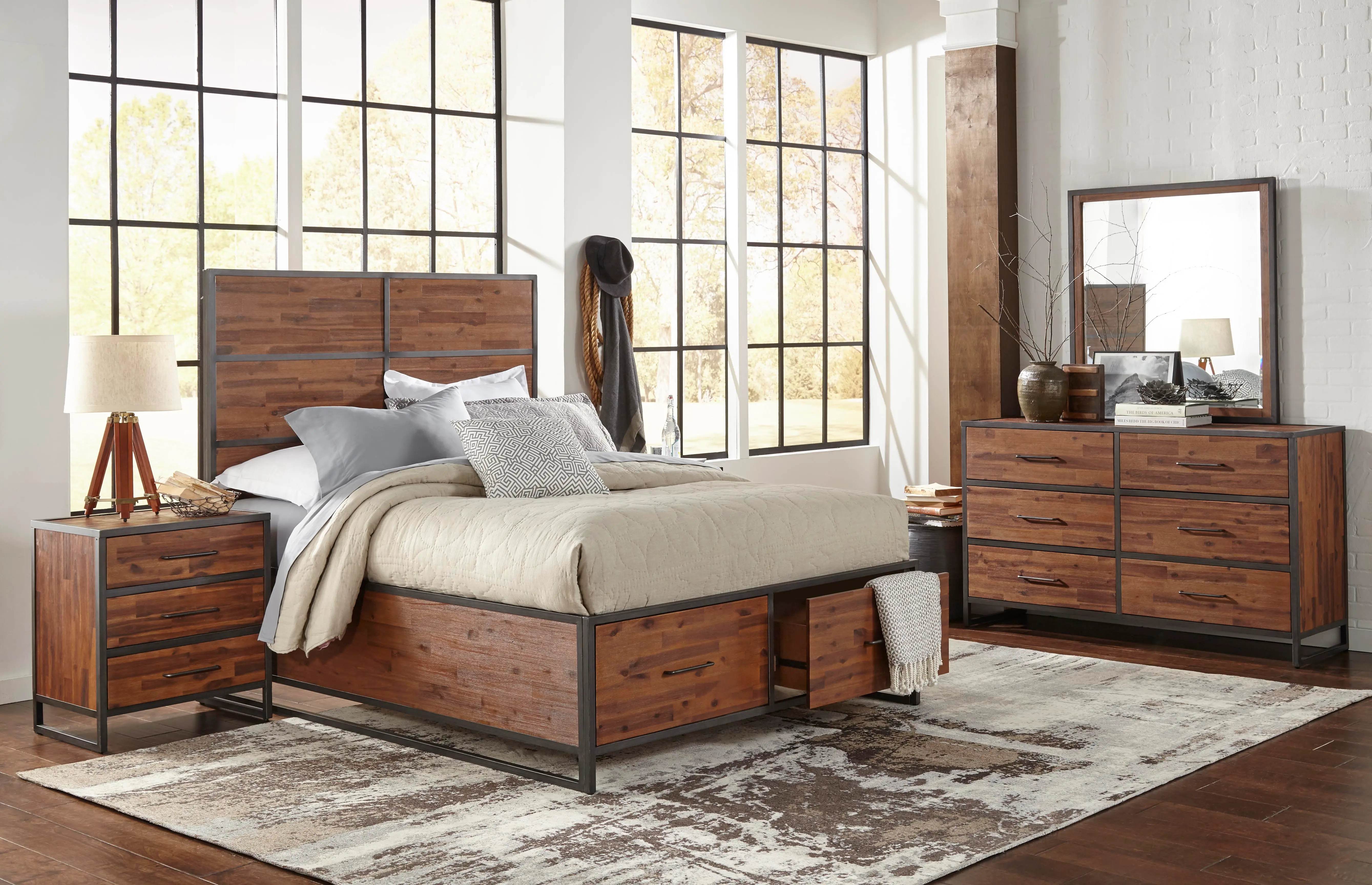 Warm Brown & Metal Modern Rustic 4 Piece Queen Bedroom Set - Studio 16-1