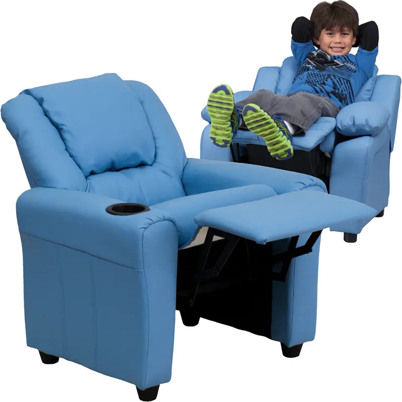 Mini Me Kids Light Blue Recliner with Cup Holder-2