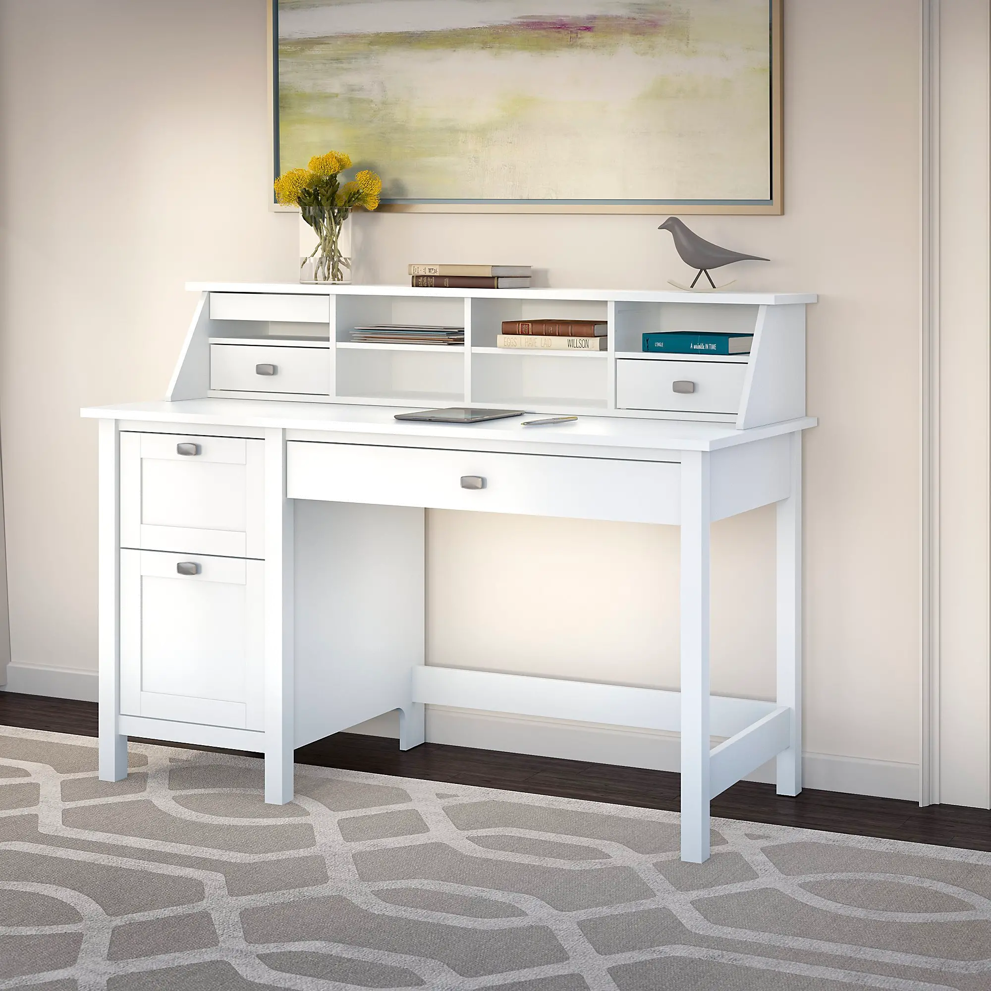 BD005WH Broadview Computer Desk with 2 Drawer Pedestal and Organizer - Bush Furniture-2