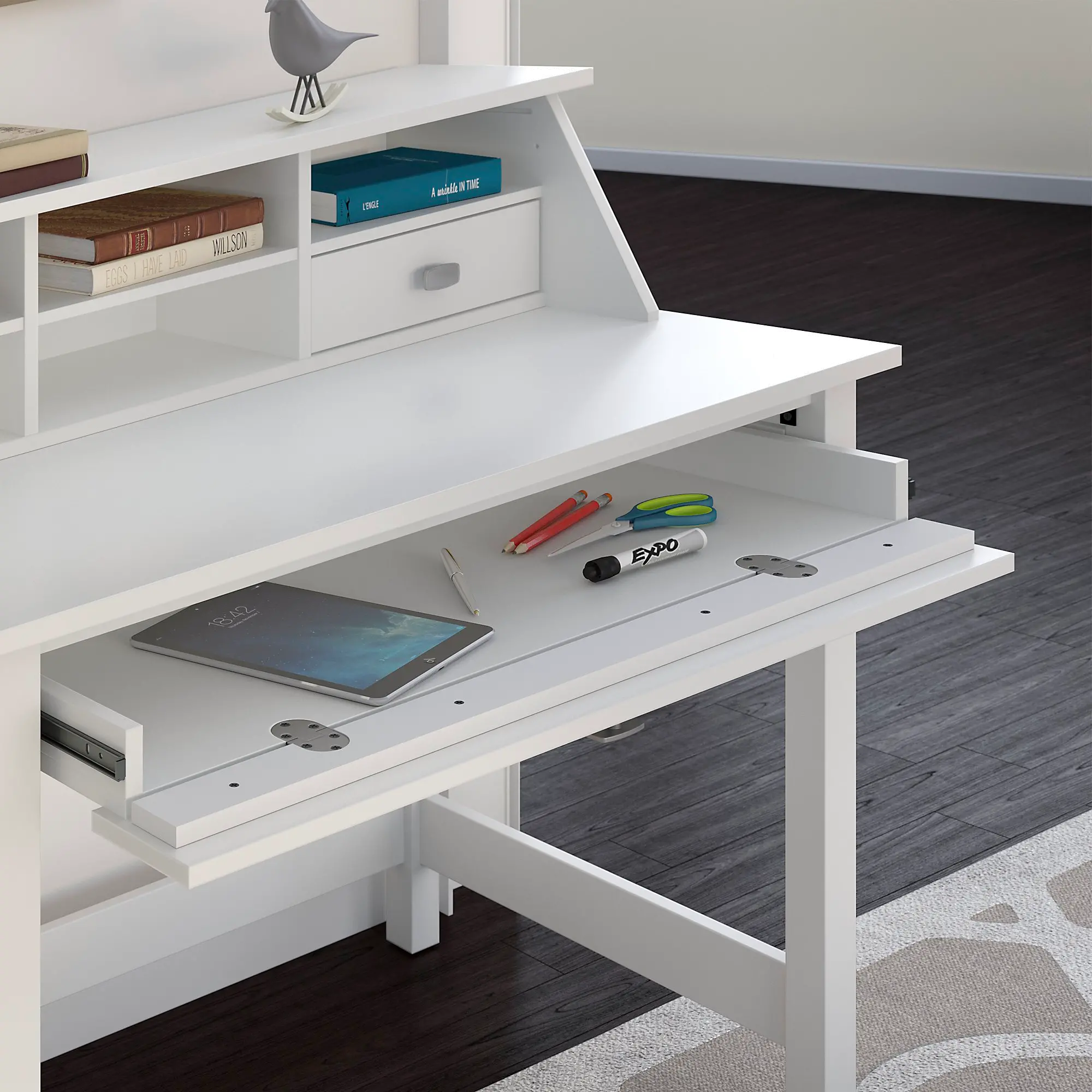 BD005WH Broadview Computer Desk with 2 Drawer Pedestal and Organizer - Bush Furniture-3