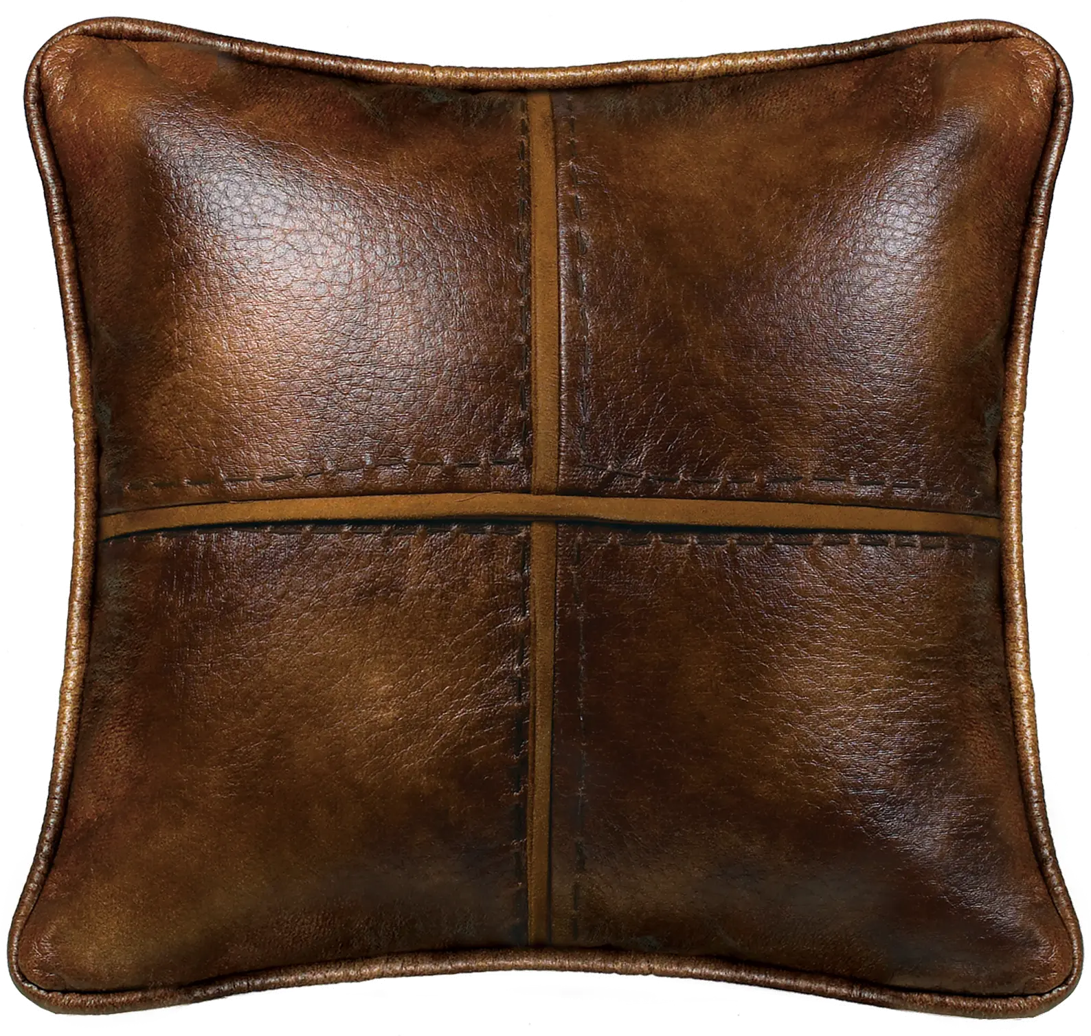 Brown Cross Stitched Faux Leather Throw Pillow-1
