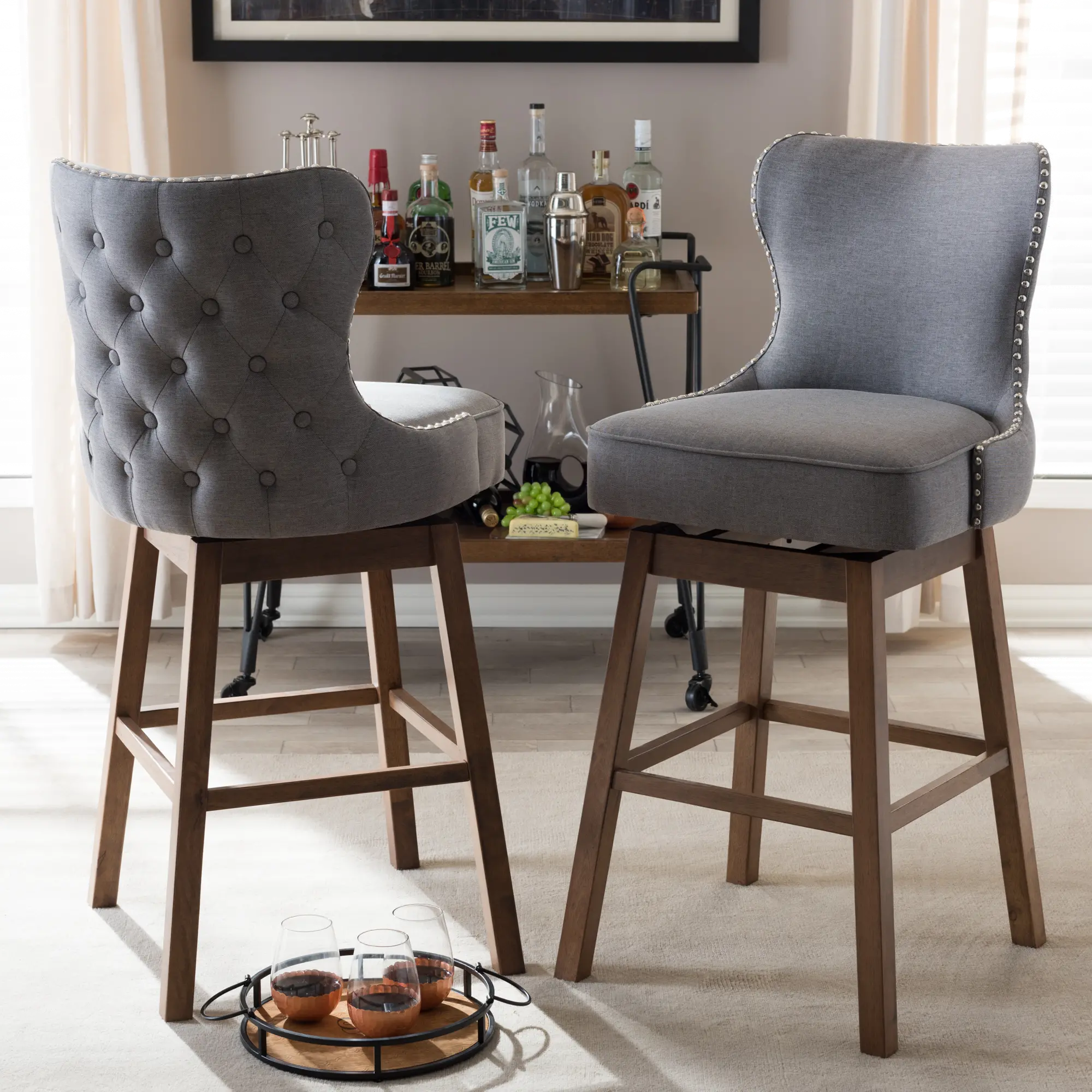 7073-2PC-RCW Gradisca Gray Upholstered Swivel Bar Stool - Set of 2-2