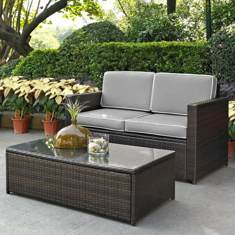 KO70002BR-GY Palm Harbor 2 Piece Gray and Wicker Loveseat and Table Set-1