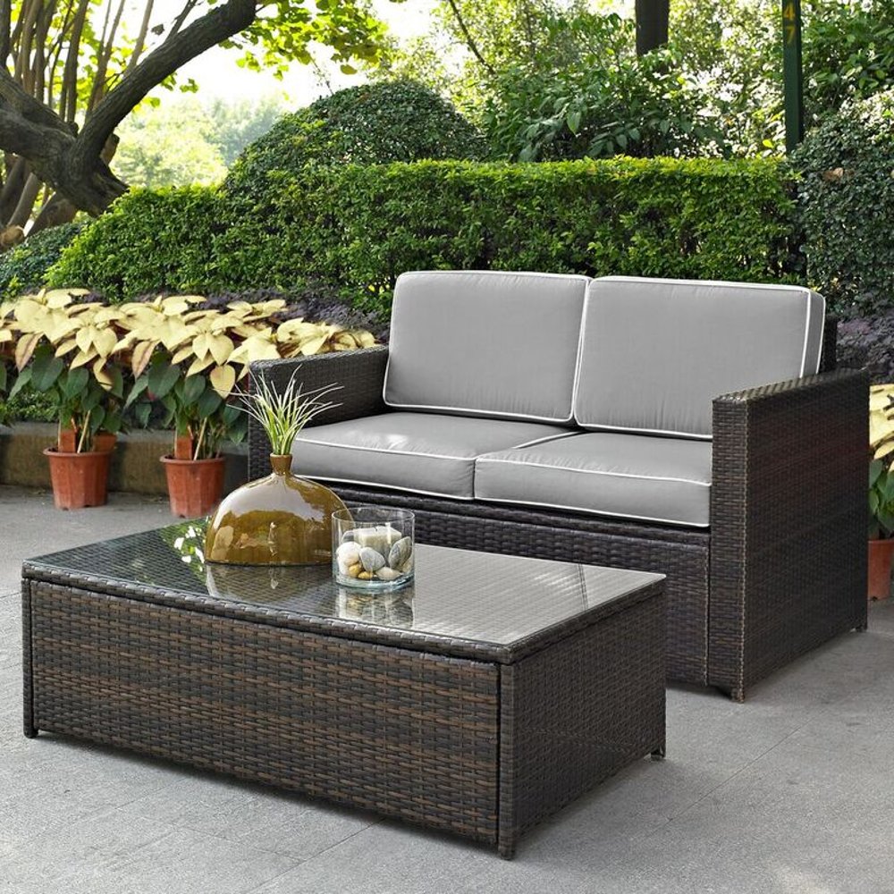 Palm Harbor 2 Piece Gray and Wicker Loveseat and Table Set