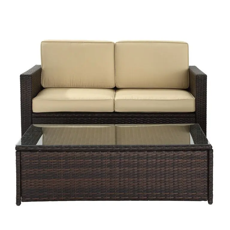 KO70002BR-SA Palm Harbor 2 Piece Beige and Wicker Loveseat and Table Set-1