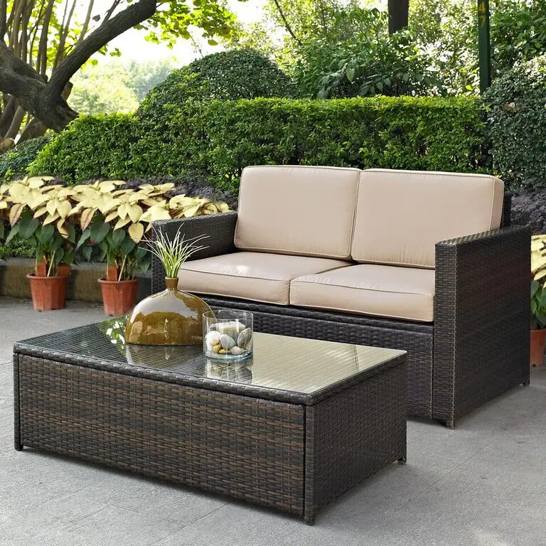 KO70002BR-SA Palm Harbor 2 Piece Beige and Wicker Loveseat and Table Set-2
