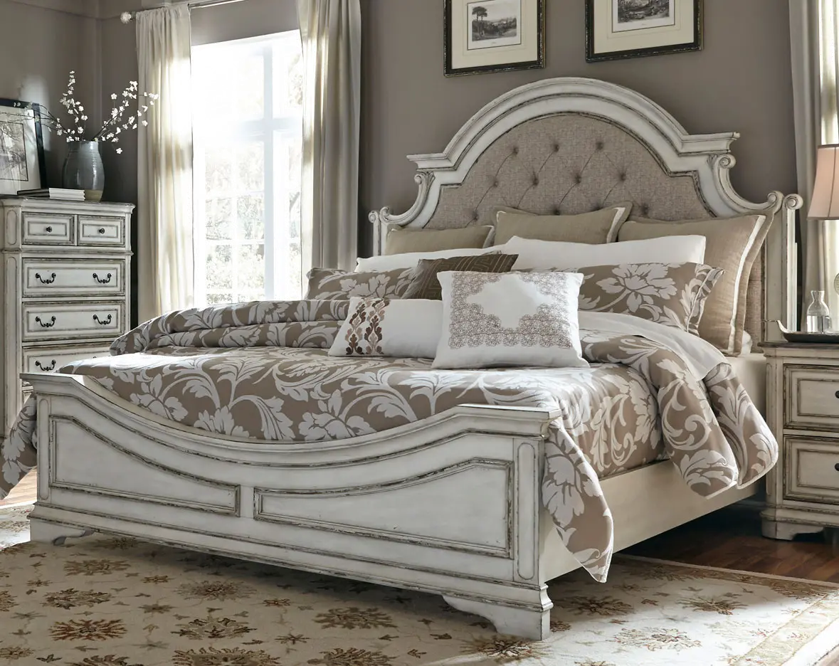 244-BED6/6 Magnolia Manor Antique White Upholstered King Bed-1