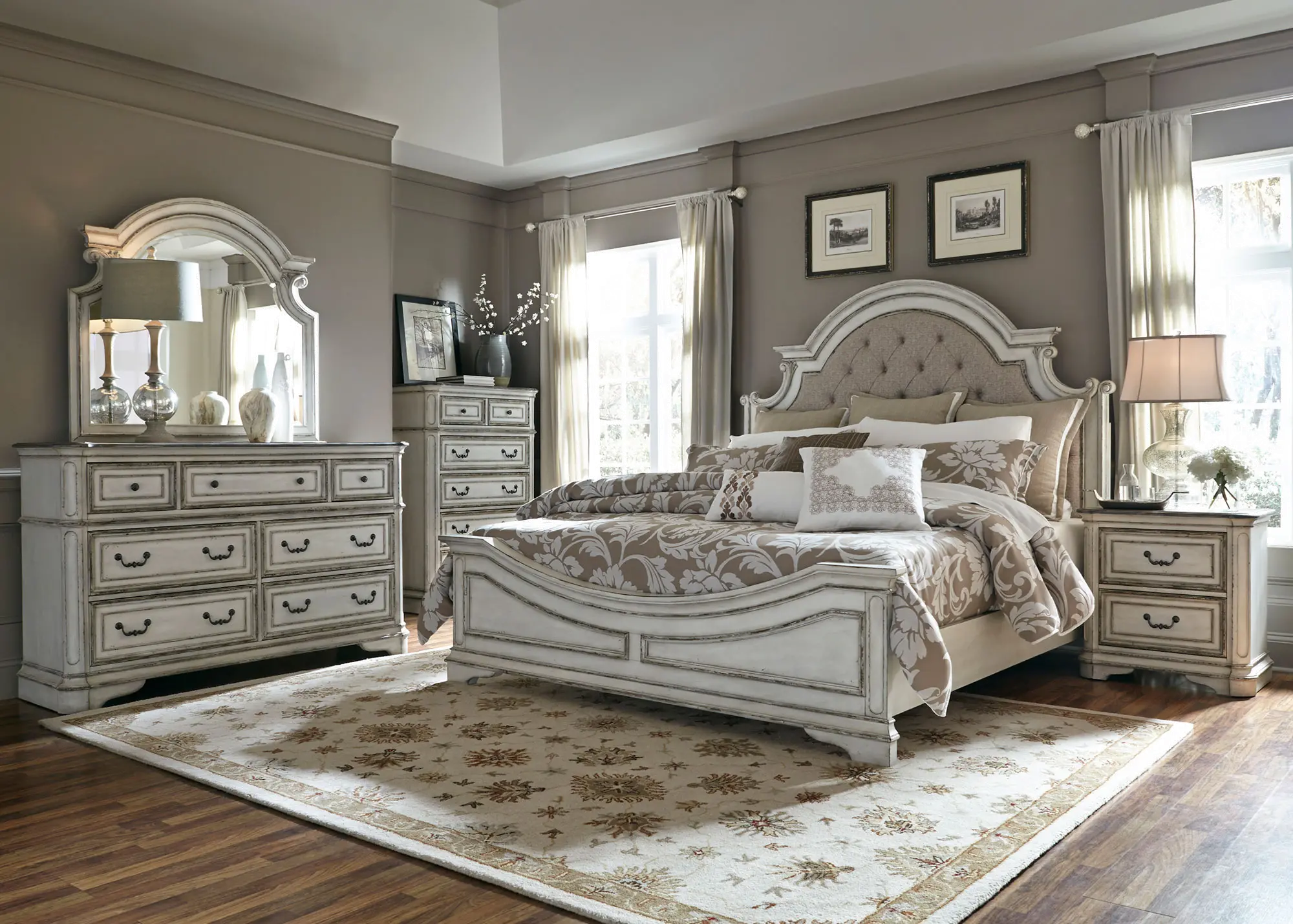 244-BED6/6 Magnolia Manor Antique White Upholstered King Bed-2