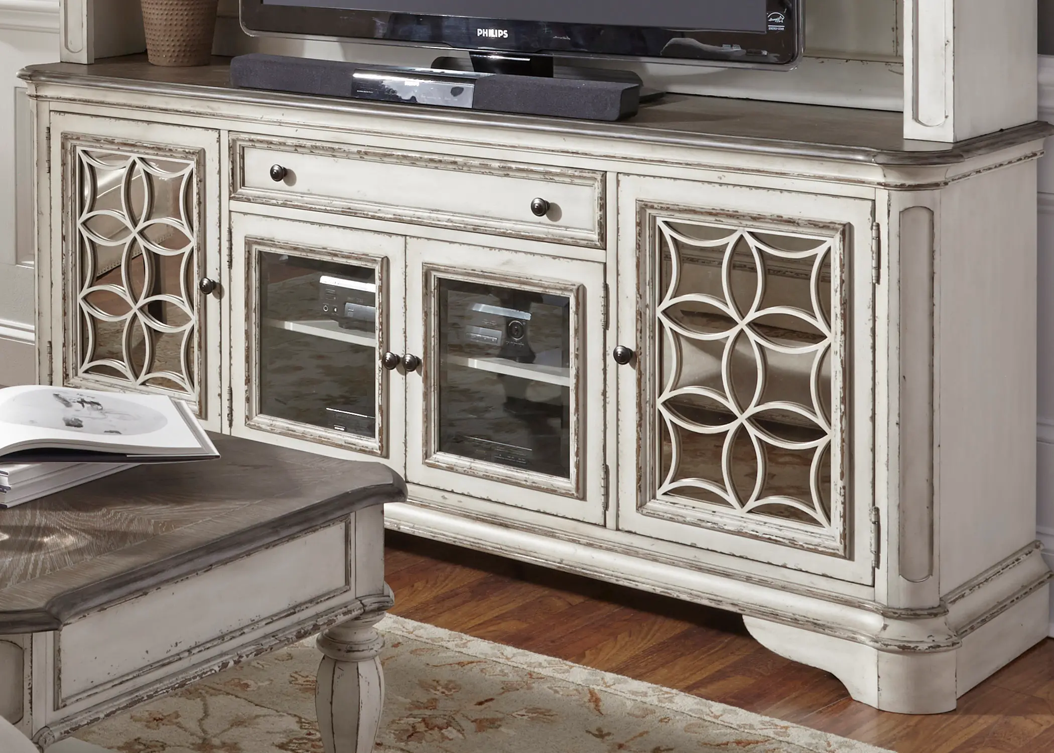 244-TV74 Magnolia Manor Antique White 74  TV Stand-8
