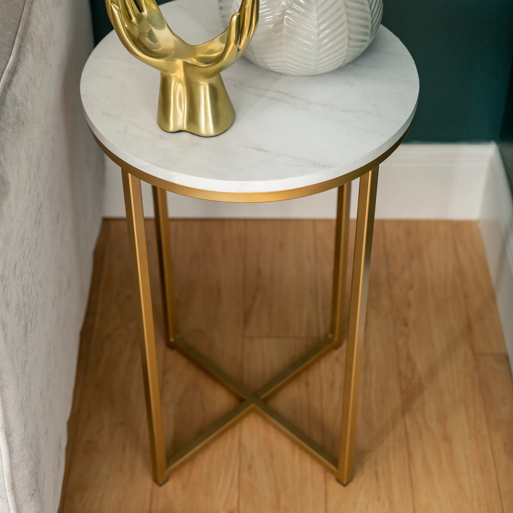 AF16ALSTMGD White Faux-Marble 16 Inch Round Side Table with Gold Base - Walker Edison-2