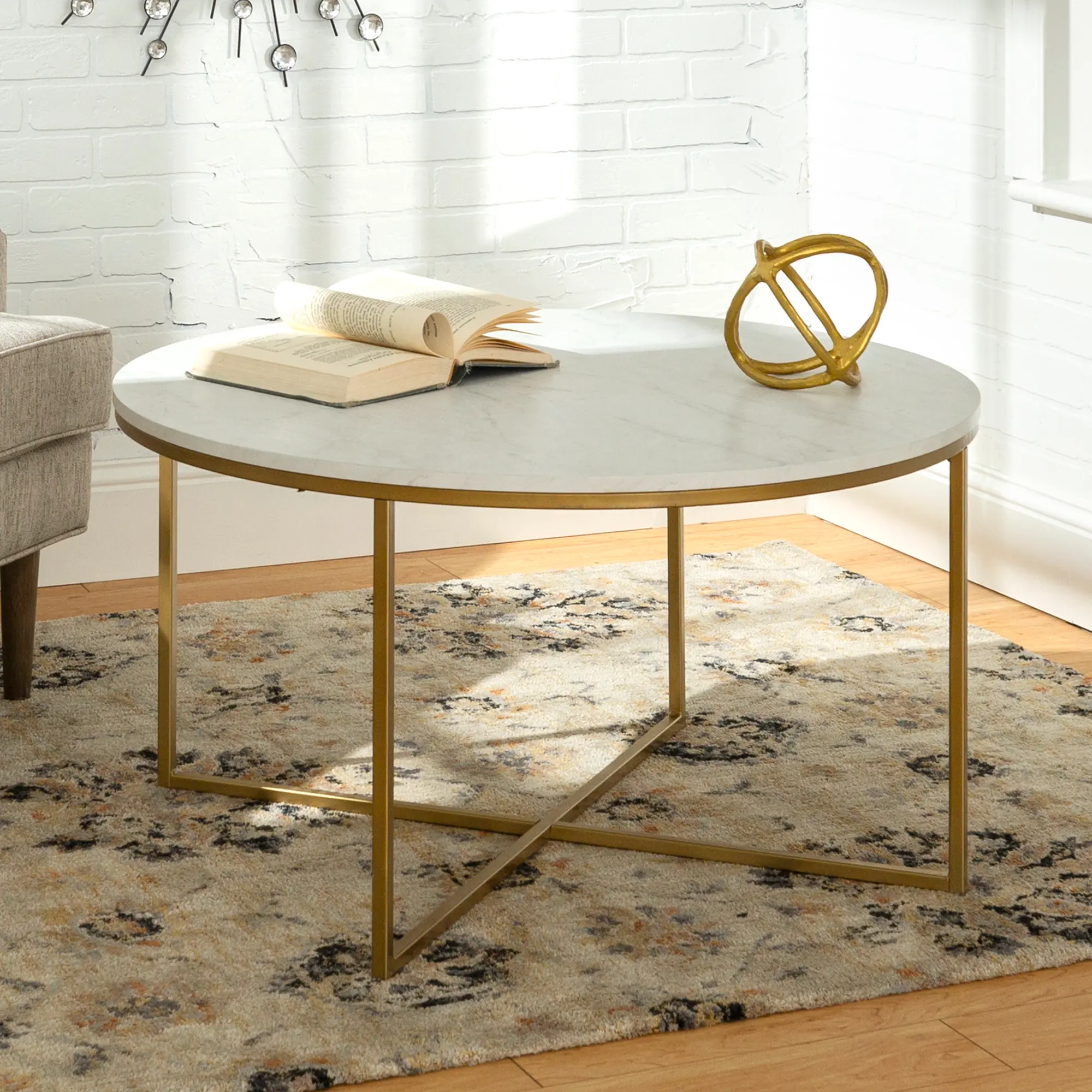 AF36ALCTMGD White Faux-Marble 36 Inch Round Coffee Table with Gold Base - Walker Edison-1