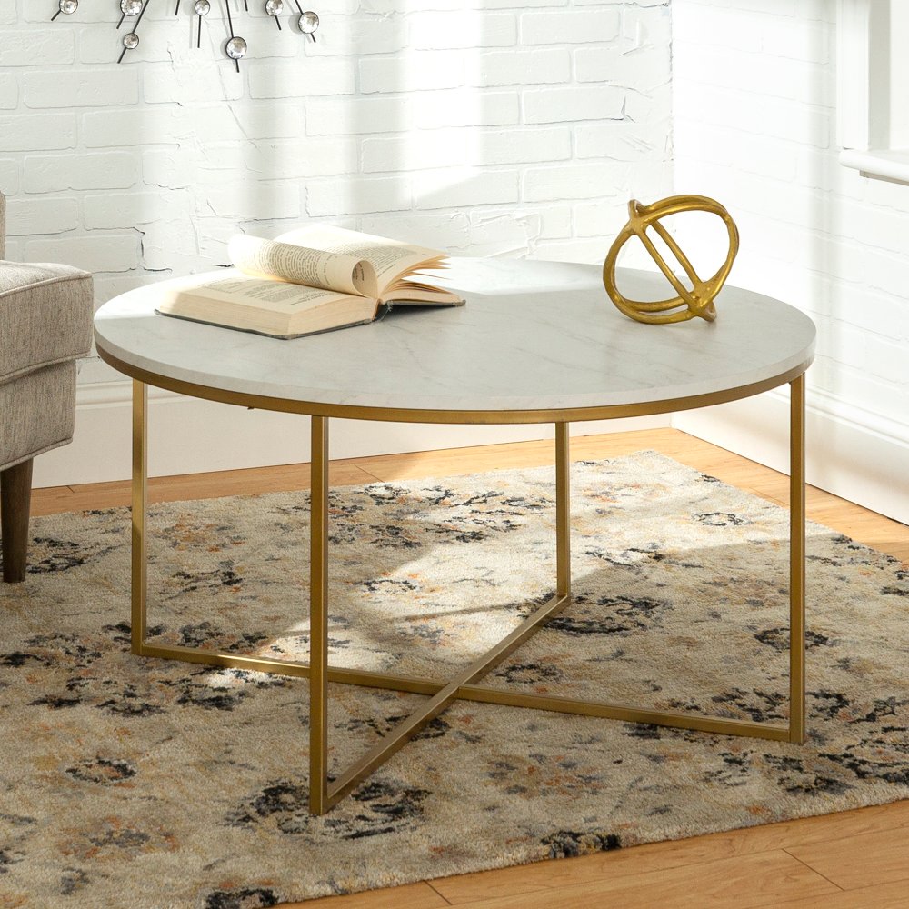 White Faux-Marble 36 Inch Round Coffee Table with Gold Base - Walker Edison