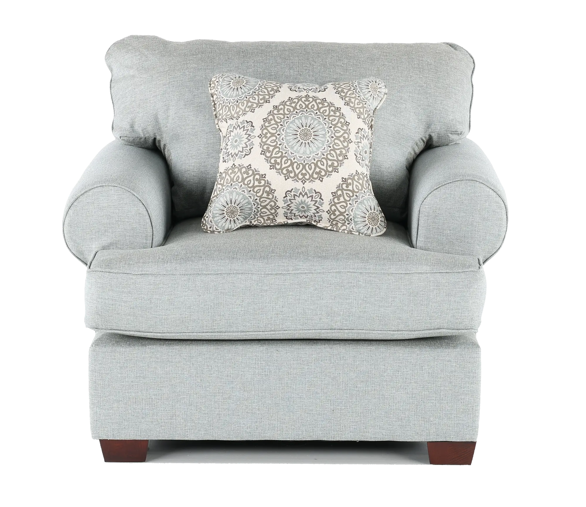 Full view of a light gray upholstered armchair with a decorative patterned throw pillow