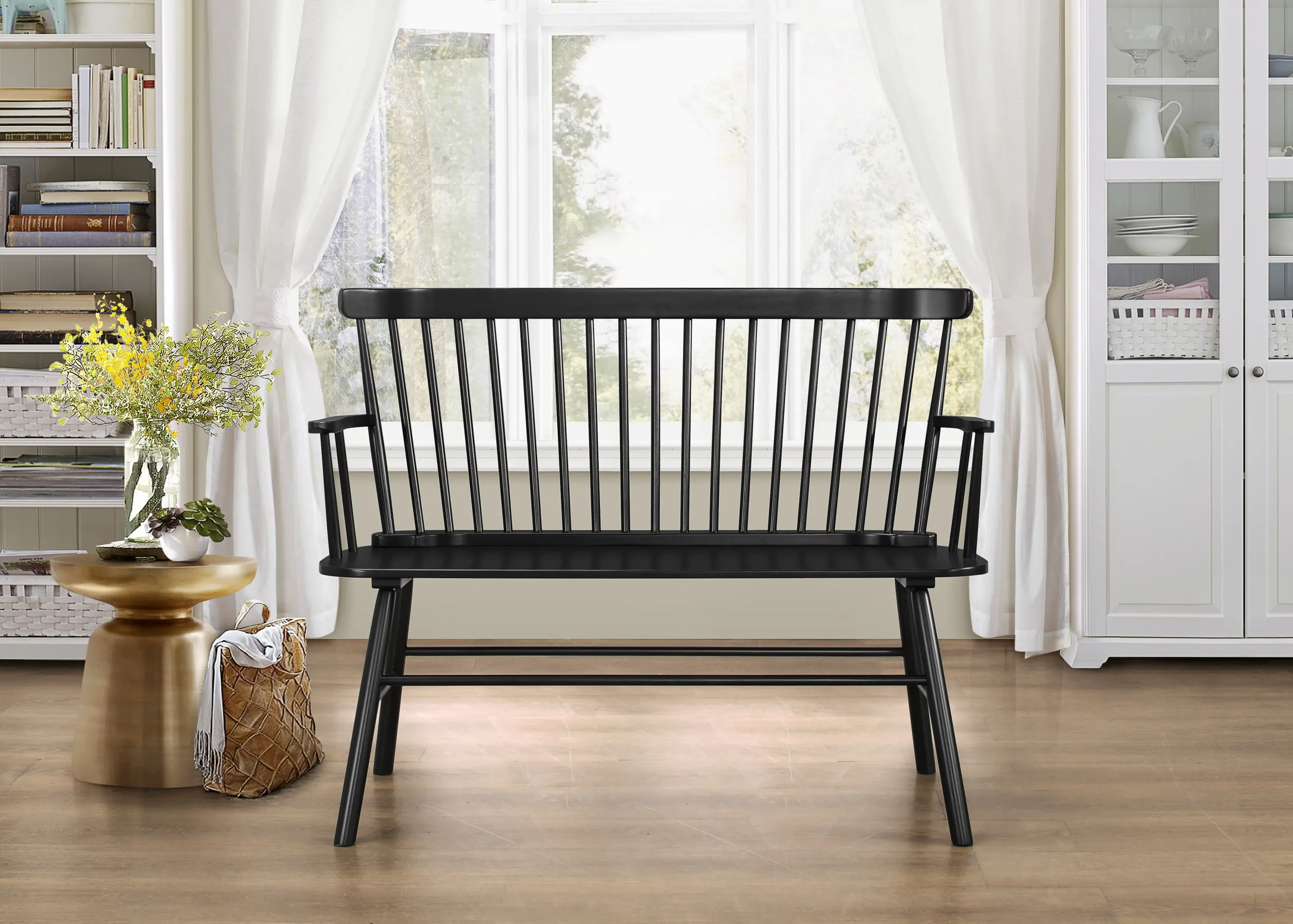 Black Spindle Back Bench with Armrests-1