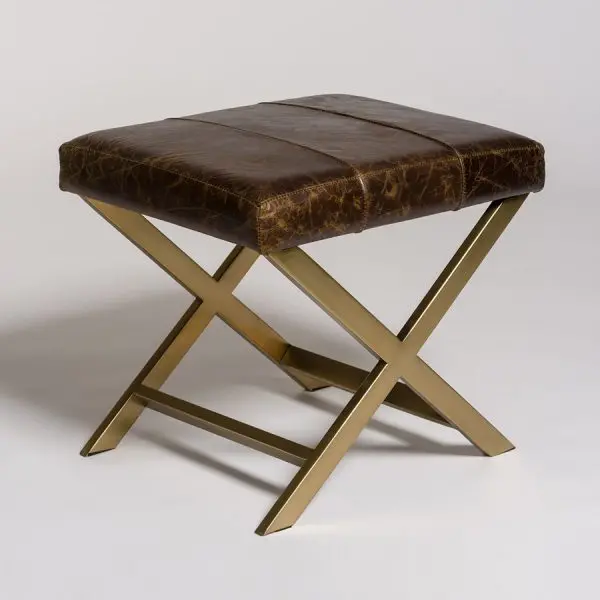 Vintage Cigar Leather Ottoman with Antique Brass Cross Frame-1