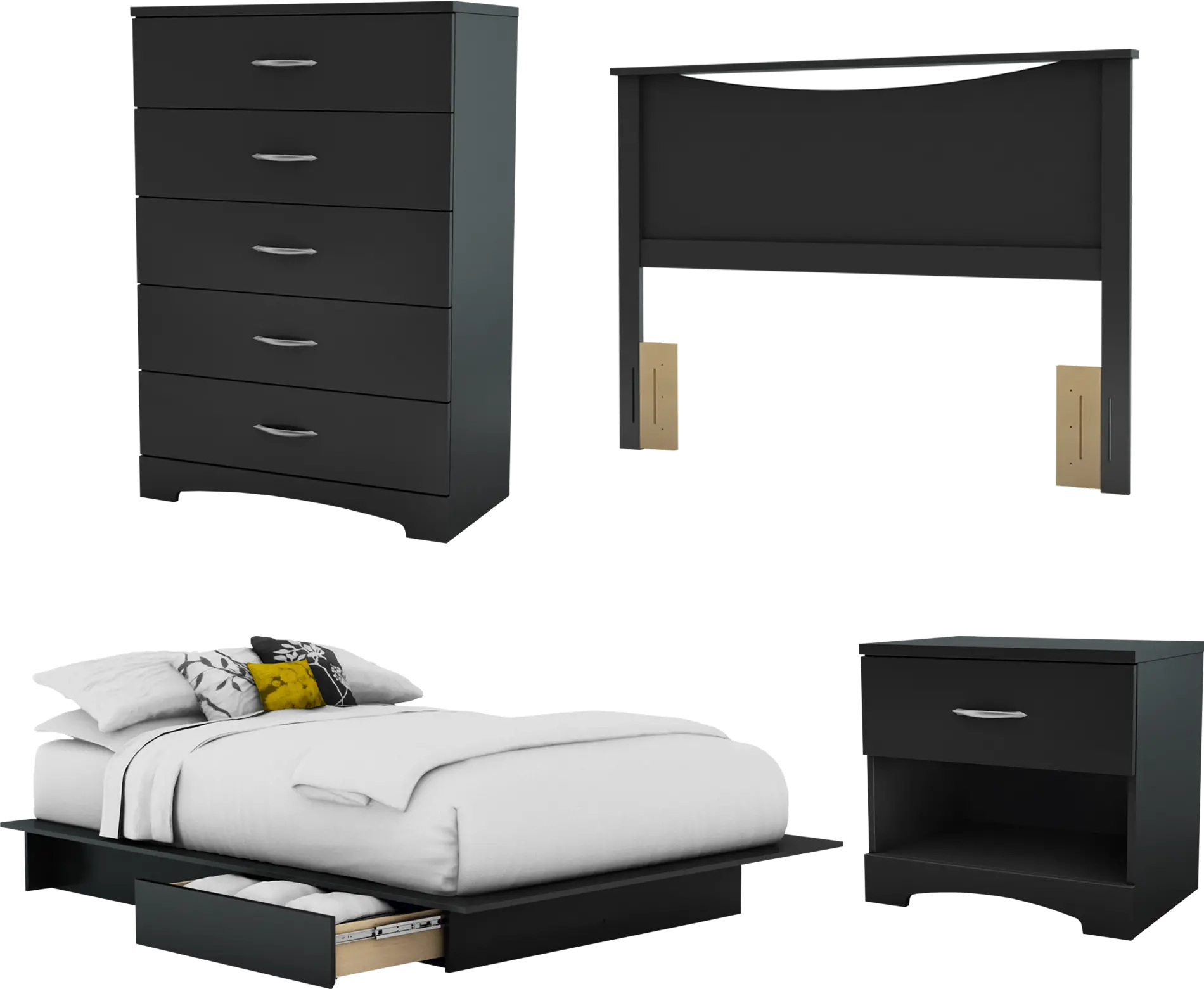3107A4 Step One Black 4 Piece Full Size Bedroom Set - South Shore-1