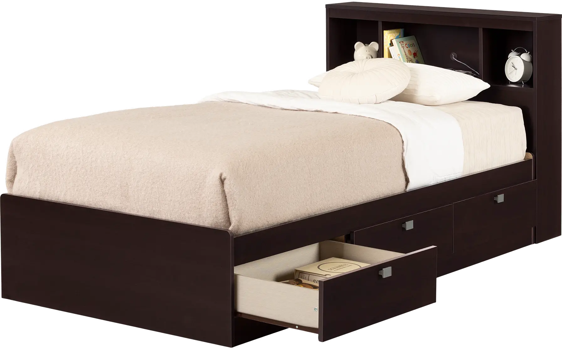 3259B2 Spark Chocolate Twin Storage Bed and Bookcase Headboard Set - South Shore-1