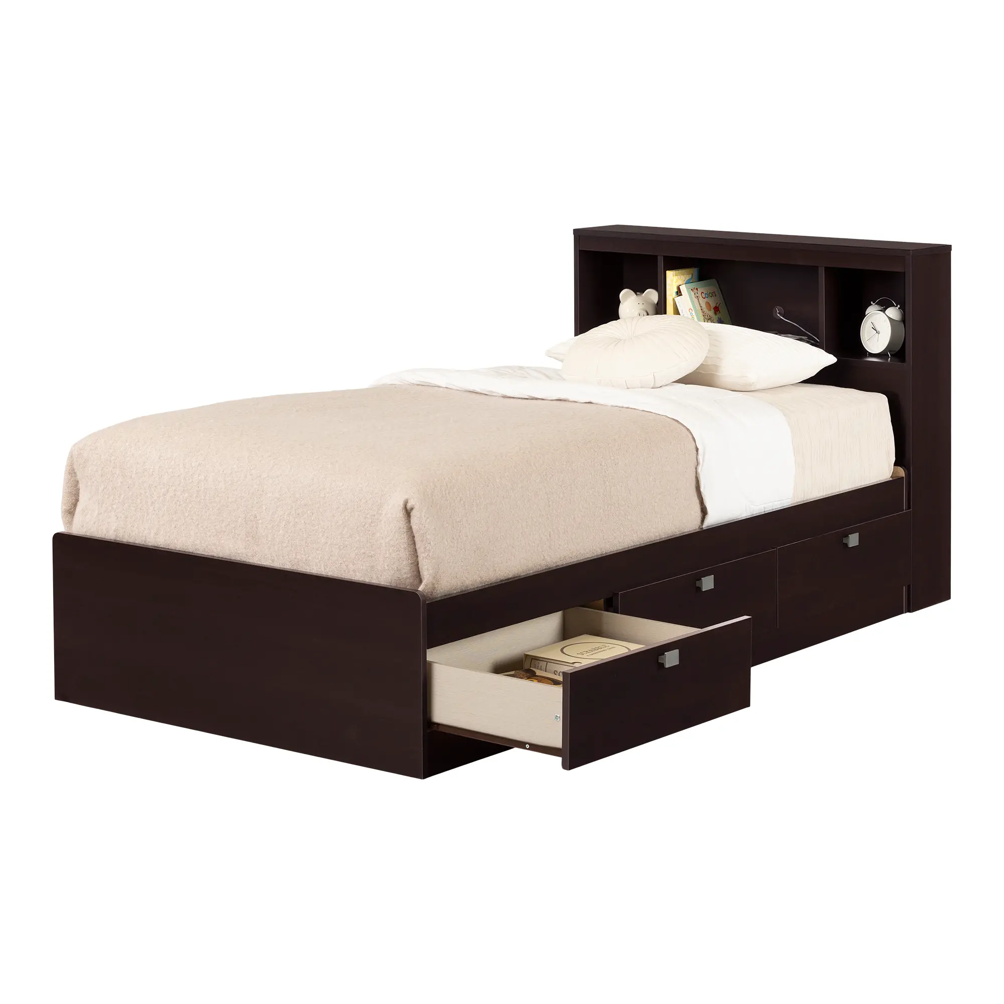 3259B2 Spark Chocolate Twin Storage Bed and Bookcase Headboard Set - South Shore-1