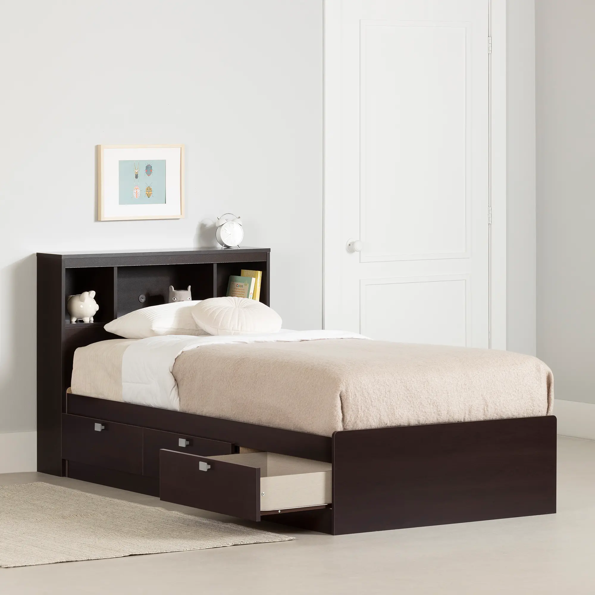 3259B2 Spark Chocolate Twin Storage Bed and Bookcase Headboard Set - South Shore-2