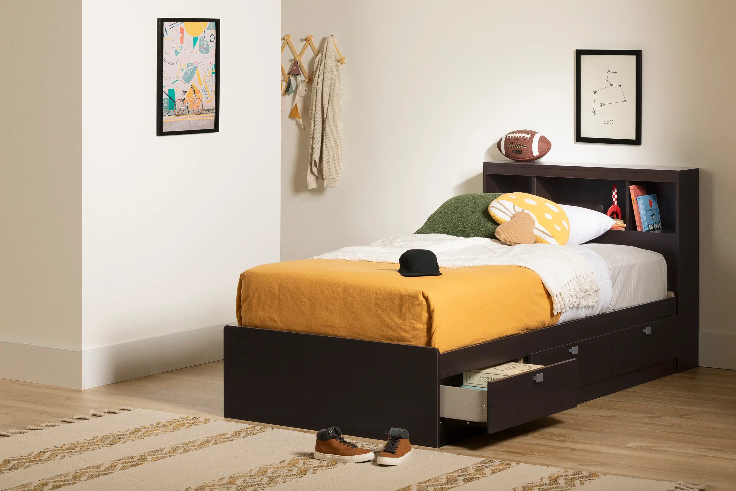 3259B2 Spark Chocolate Twin Storage Bed and Bookcase Headboard Set - South Shore-3