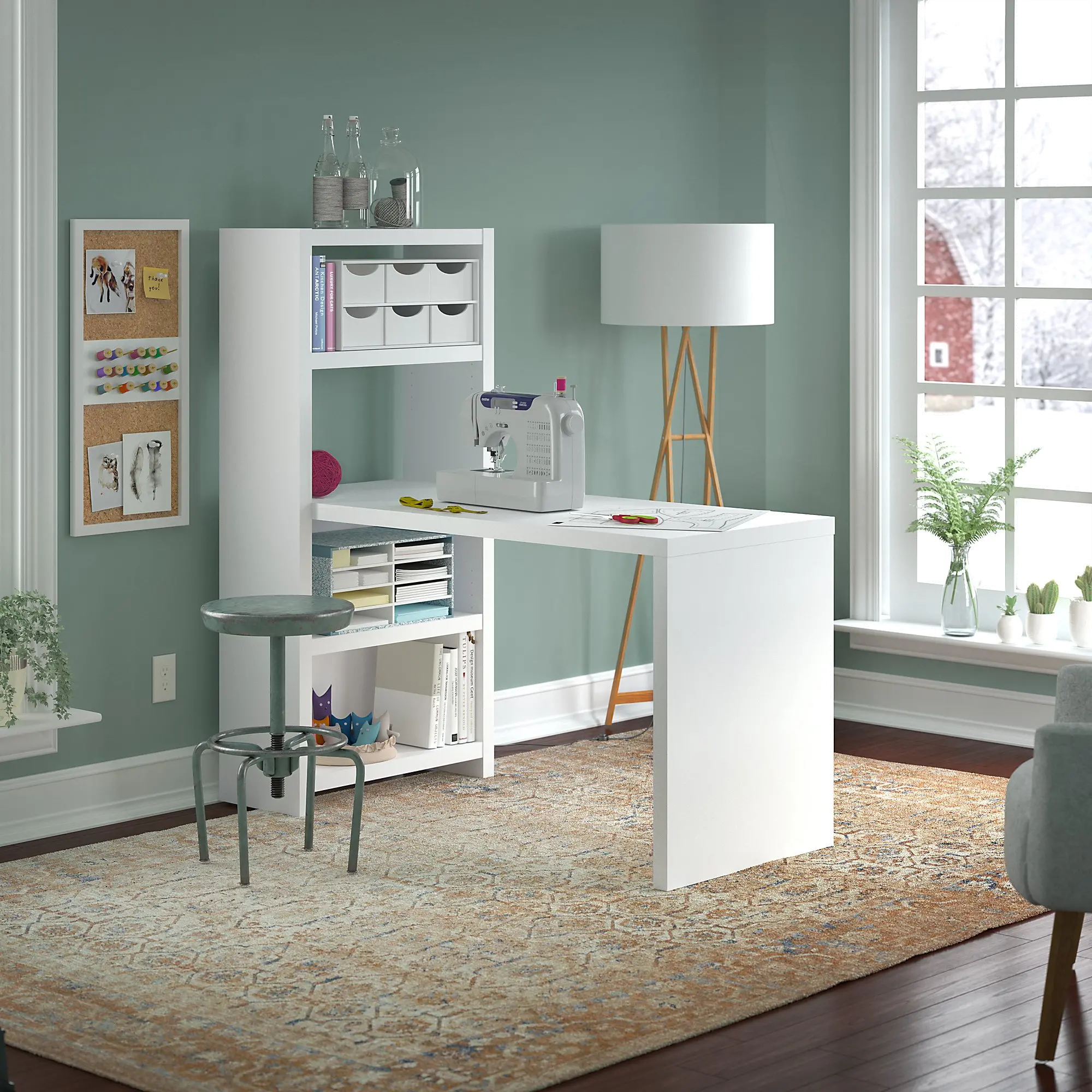 ECH023PW Eco White Craft Table and Bookcase (56 Inch) - Bush Furniture-2