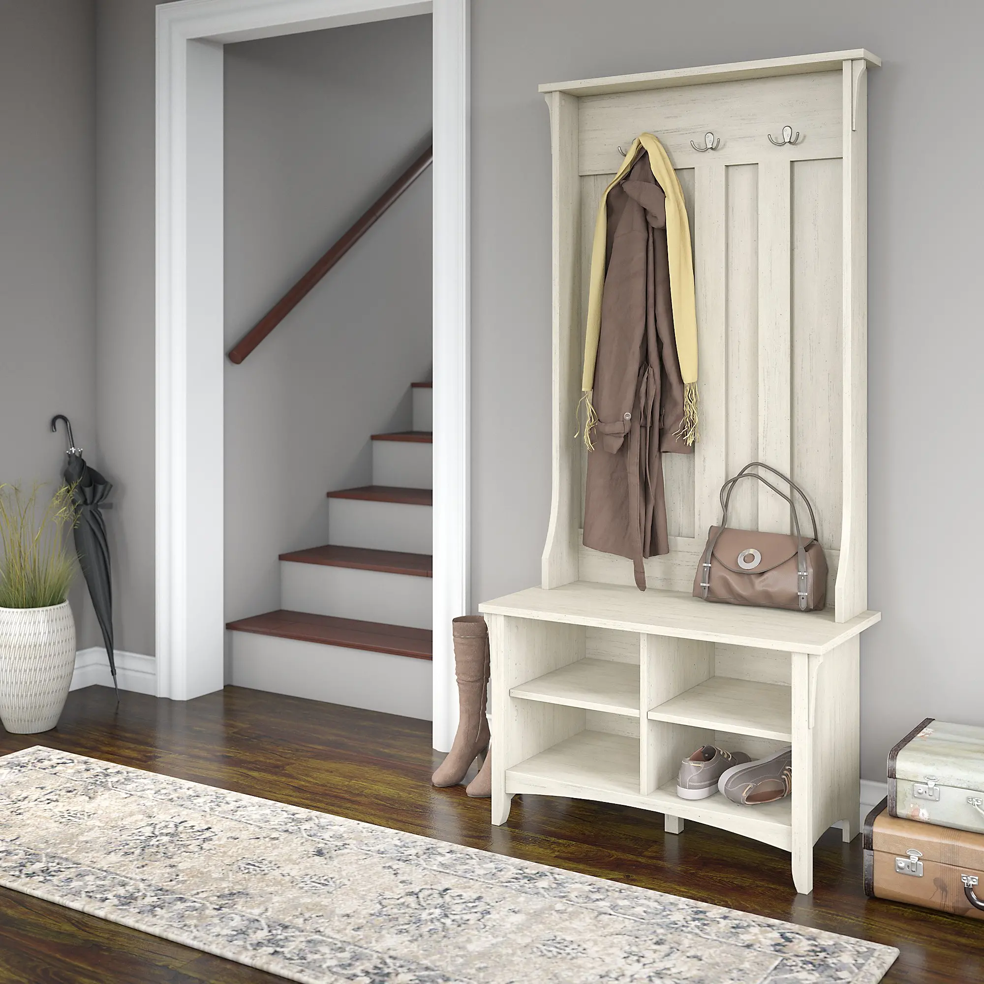 SAL001AW Salinas Antique White Hall Tree with Storage Bench - Bush Furniture-2