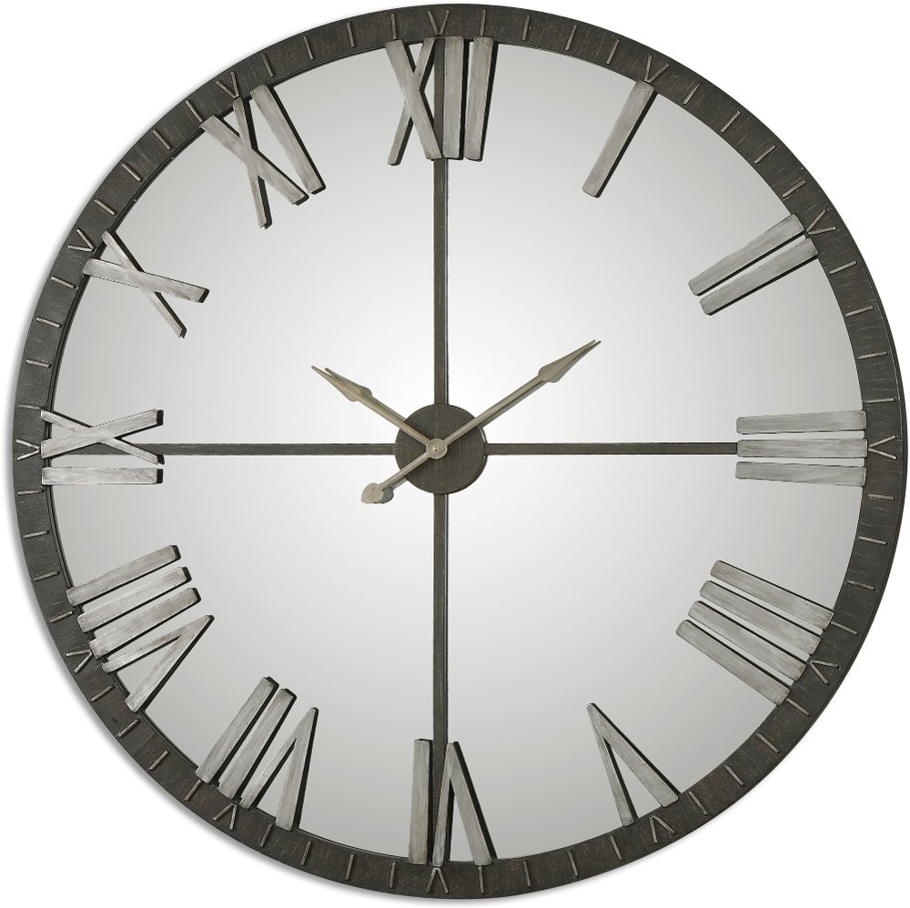 60 Inch Rustic Bronze Metal Clock with Silver Highlights and Mirrored Face