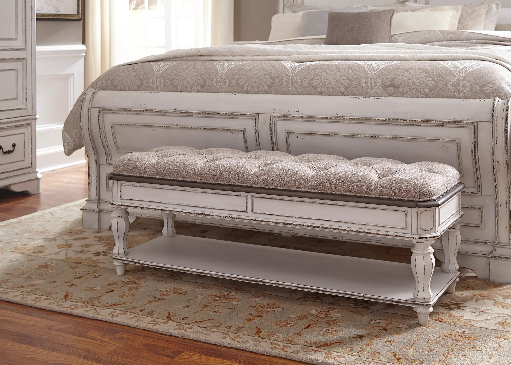 244-BR47 Magnolia Manor Antique White Upholstered Bed Bench-2