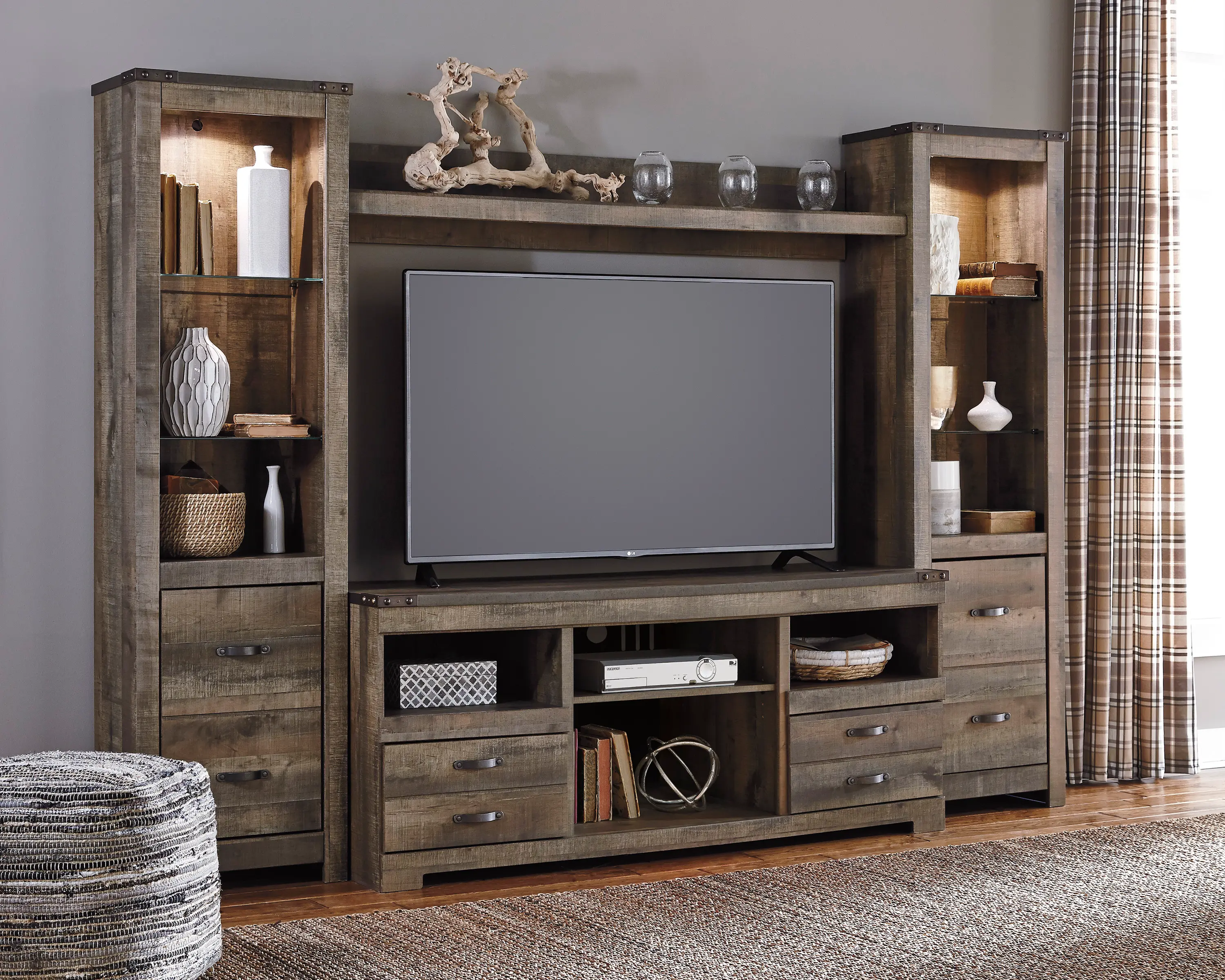Trinell Rustic Gray 4 Piece Rustic Oak Entertainment Center-2
