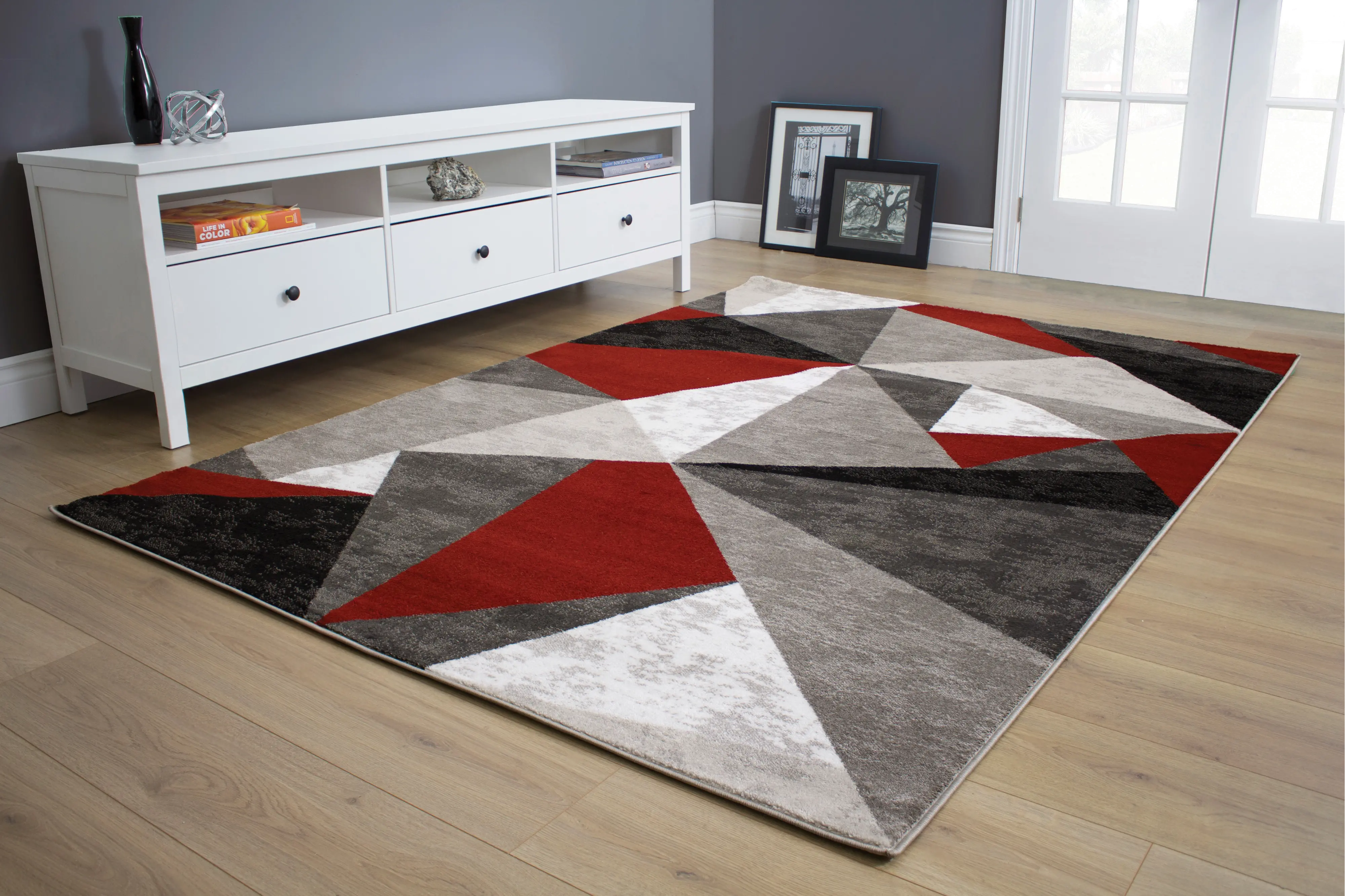 5 x 8 Medium Gray, Red and White Area Rug - Platinum-2