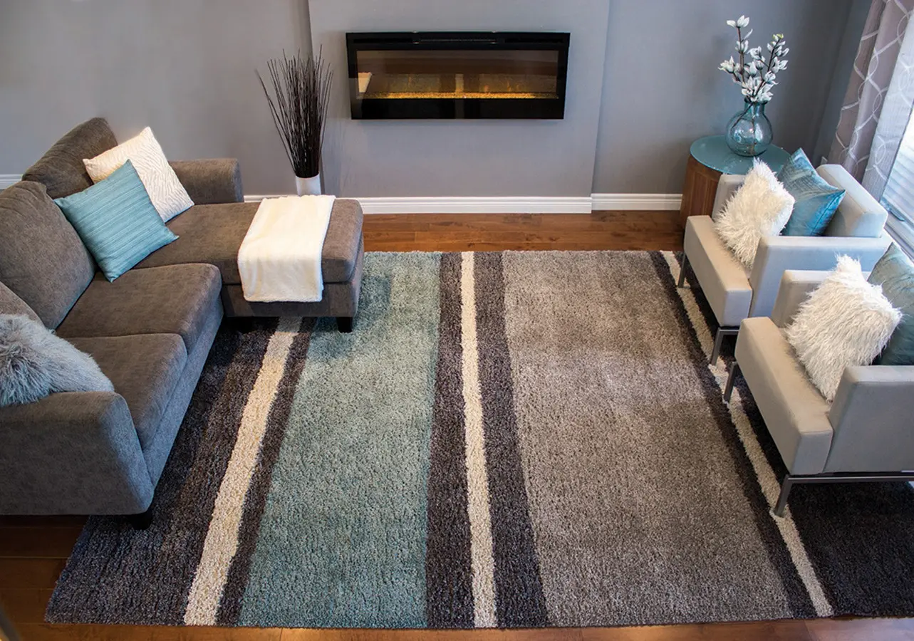 5 x 8 Medium Striped Gray, Taupe and Teal Blue Rug - Maroq-2