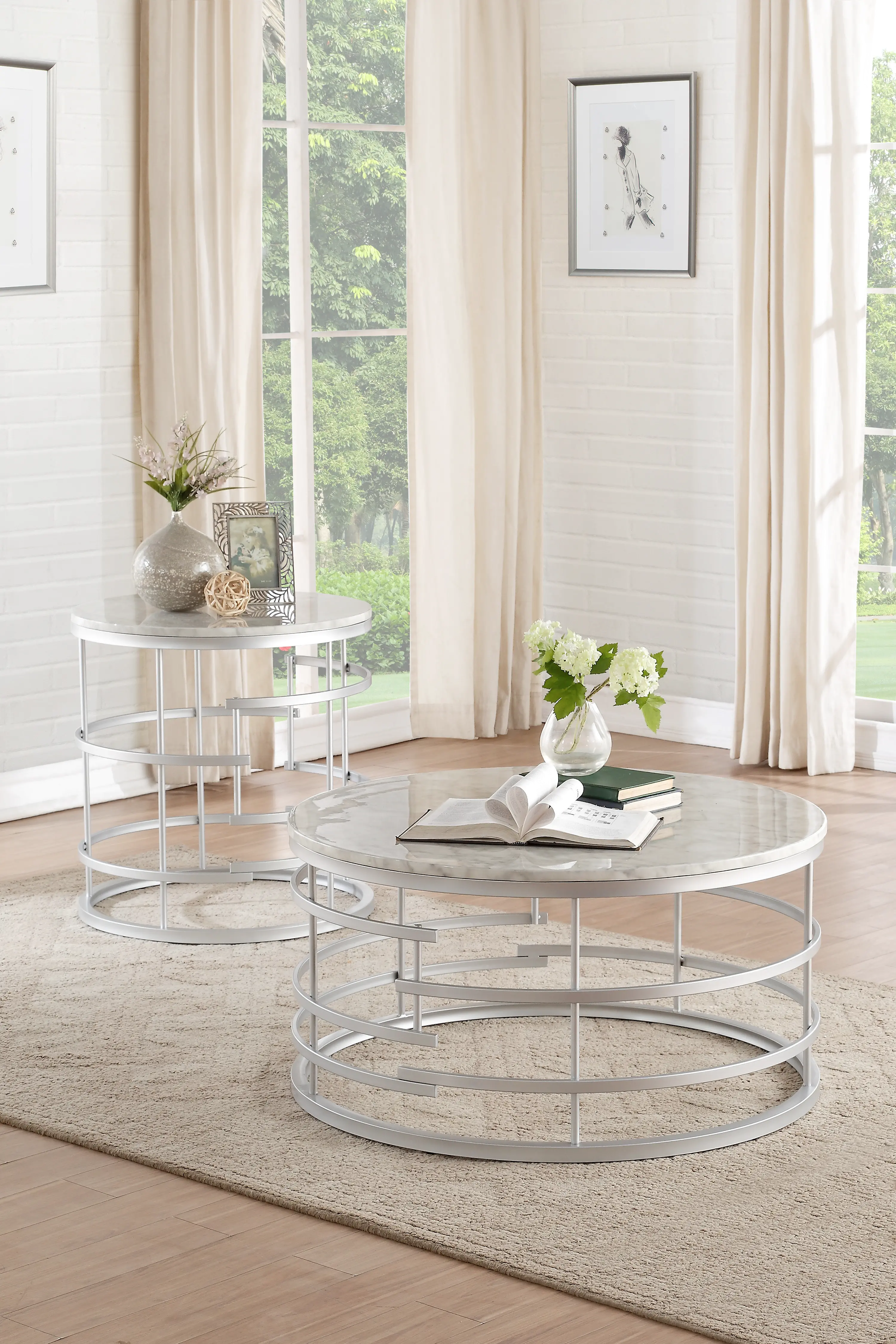 Round Marble and Silver Coffee Table - Brassica-1