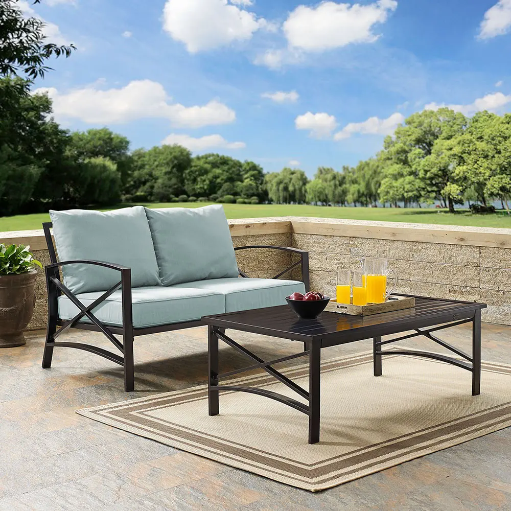 KO60010BZ-MI Kaplan 3 Piece Black and Blue Patio Loveseat and Table Set-2
