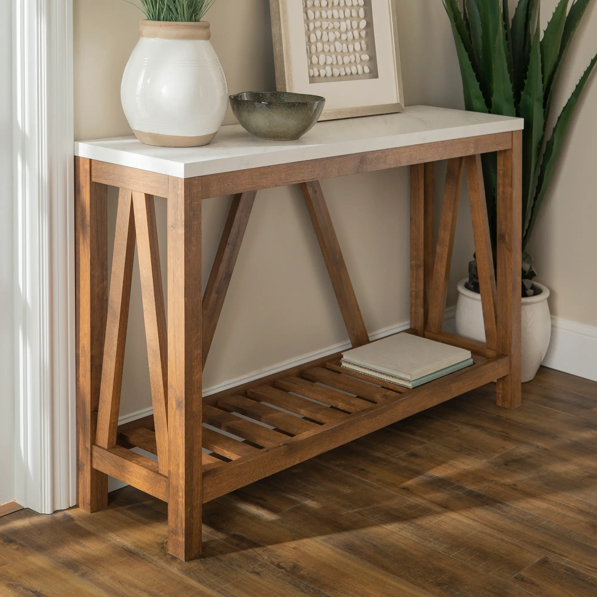 AF52AFTMNW Rustic White Faux-Marble Sofa Table with Walnut Base-1