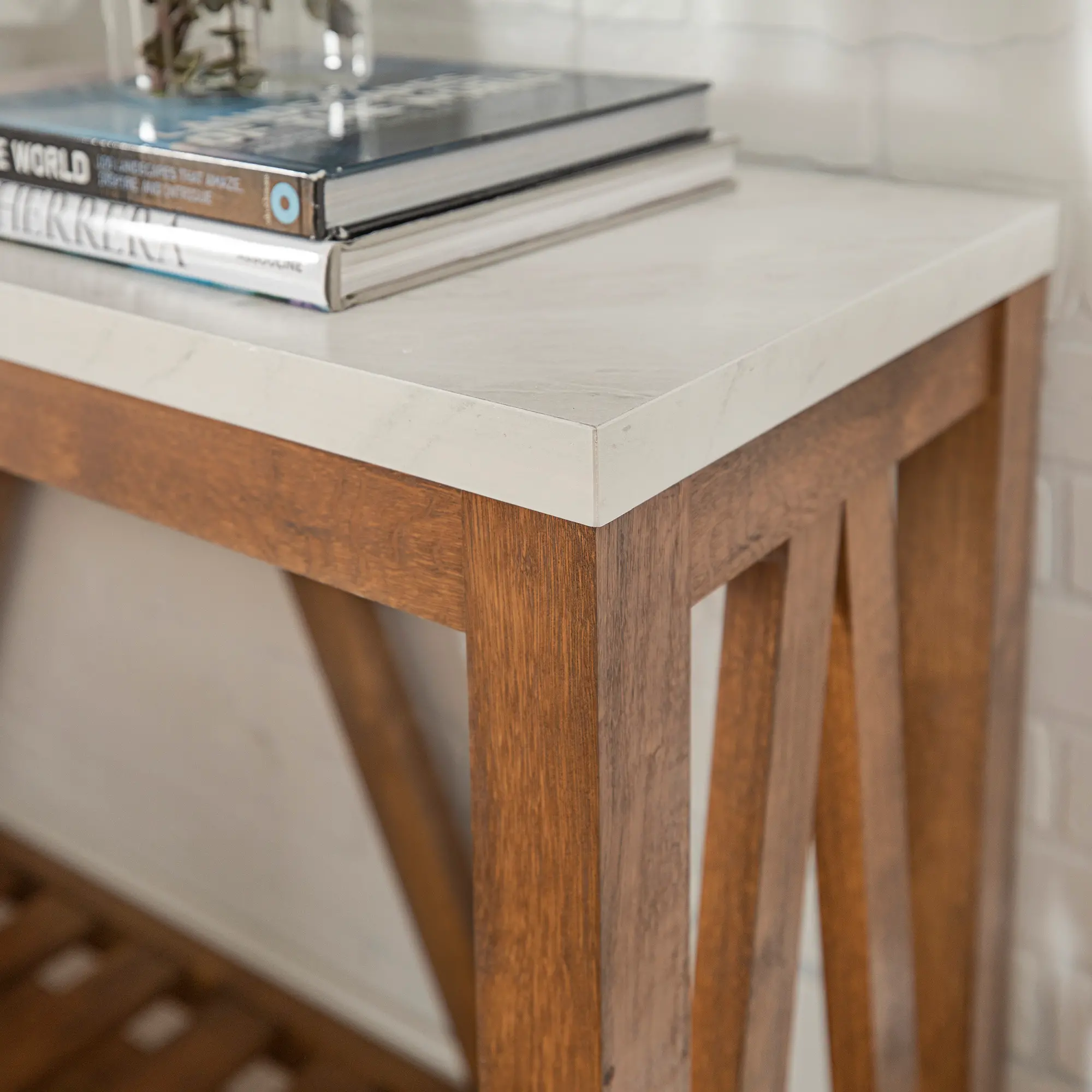 AF52AFTMNW Rustic White Faux-Marble Sofa Table with Walnut Base-2