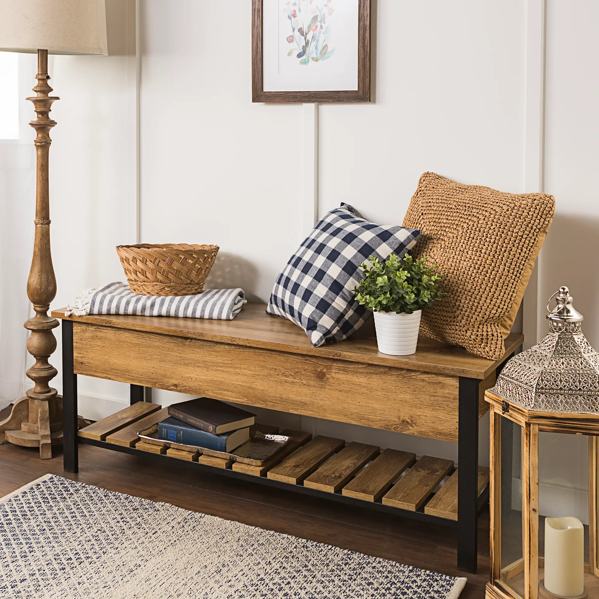 B48PCSBBW Open-Top Barnwood Storage Bench with Shoe Shelf - Walker Edison-2