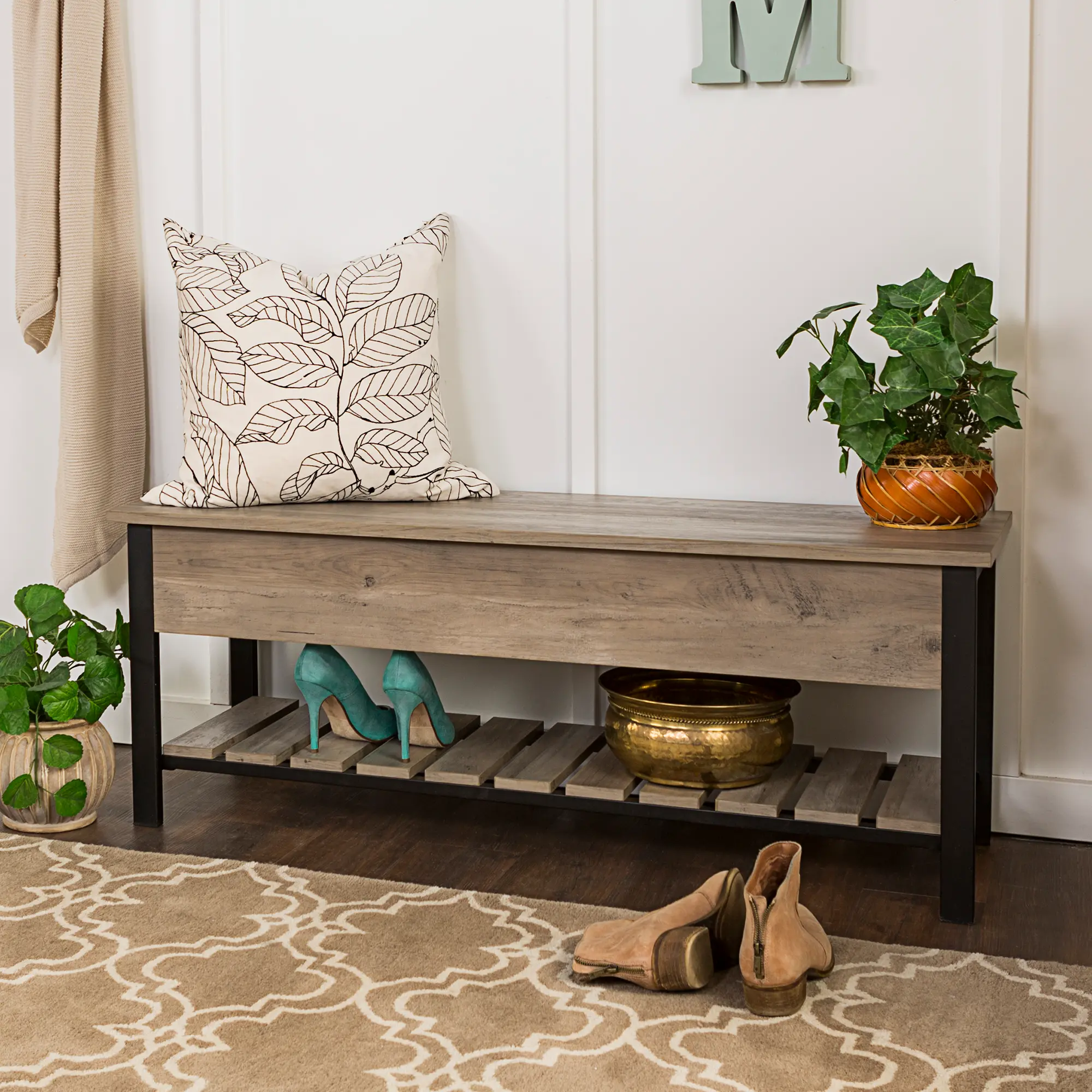 B48PCSBGW Open-Top Gray Wash Storage Bench with Shoe Shelf - Walker Edison-2