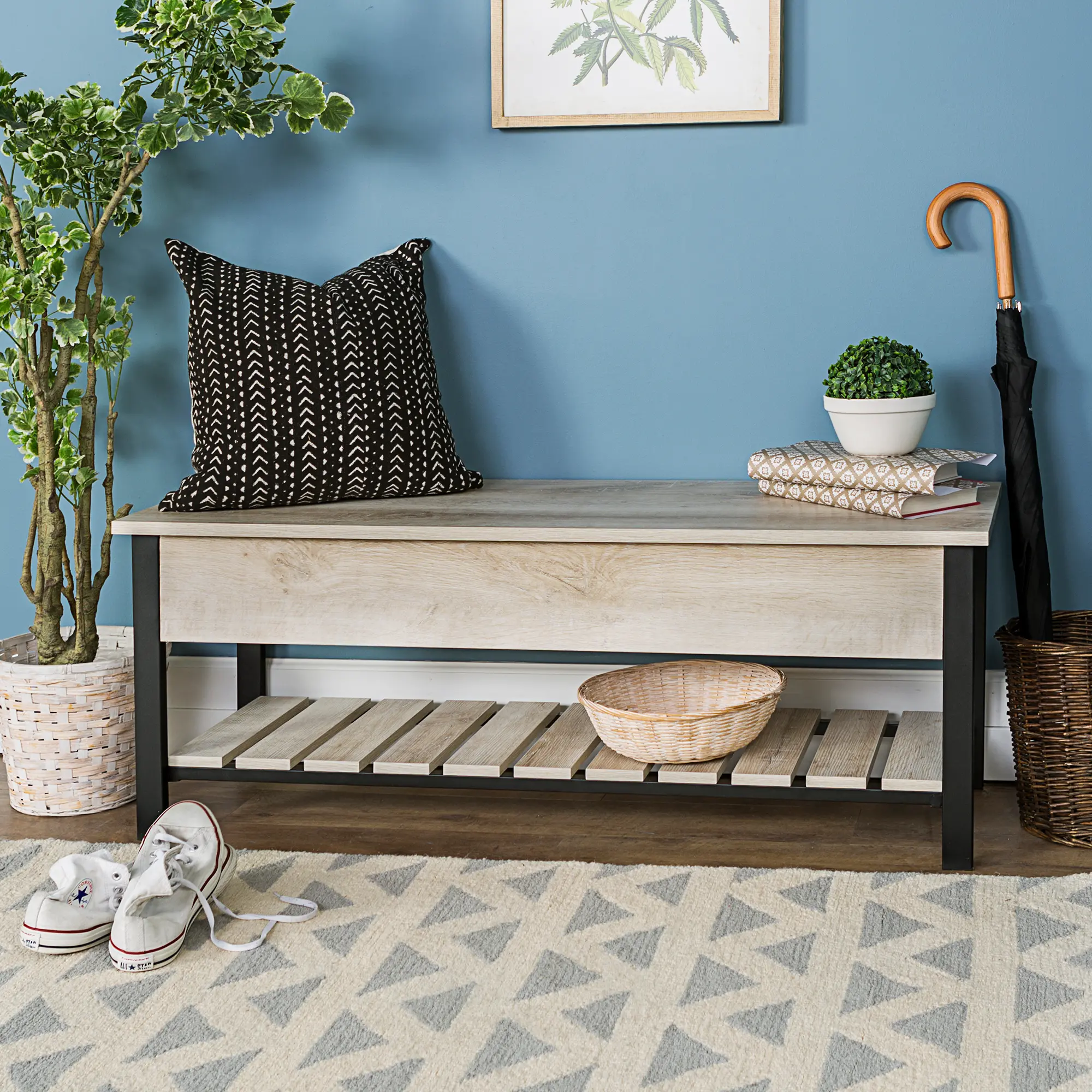 B48PCSBWO Open-Top White Oak Storage Bench with Shoe Shelf - Walker Edison-2